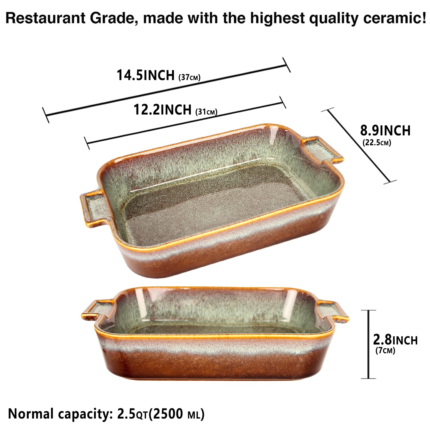 Cacerola de cerámica para gratinar, sartén grande para lasaña profunda para horno, bandeja para hornear con asas, apta para horno, microondas, congelador y lavavajillas, gran regalo
