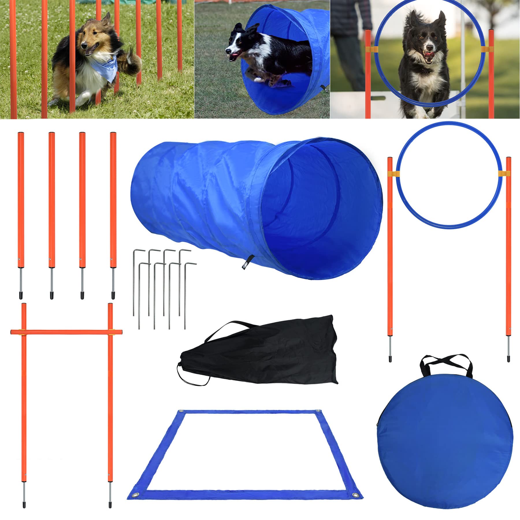 Froadp Agility - Set di ostacoli Slalom per cani, animali domestici, set di allenamento di coordinazione con tunnel per cani, asta per ostacoli regolabile, anello di salto, asta per il trasporto