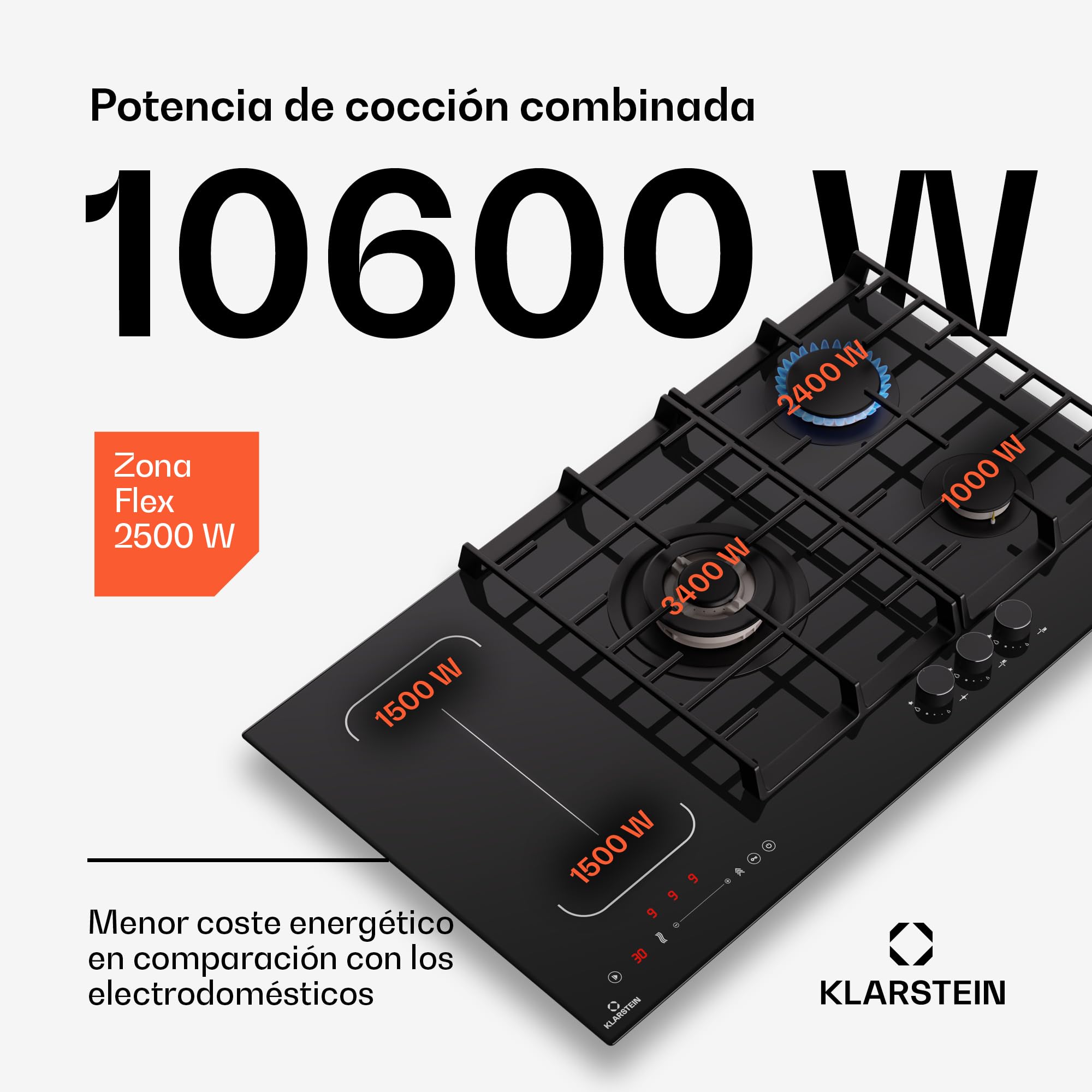 Klarstein MultiChef 5 Placa Mixta Gas Inducción - 5 Zonas (3 Gas, 2 Inducción), Flexzone, Control Deslizante, Stop&Go, Temporizador, 10.6Kw, Negro
