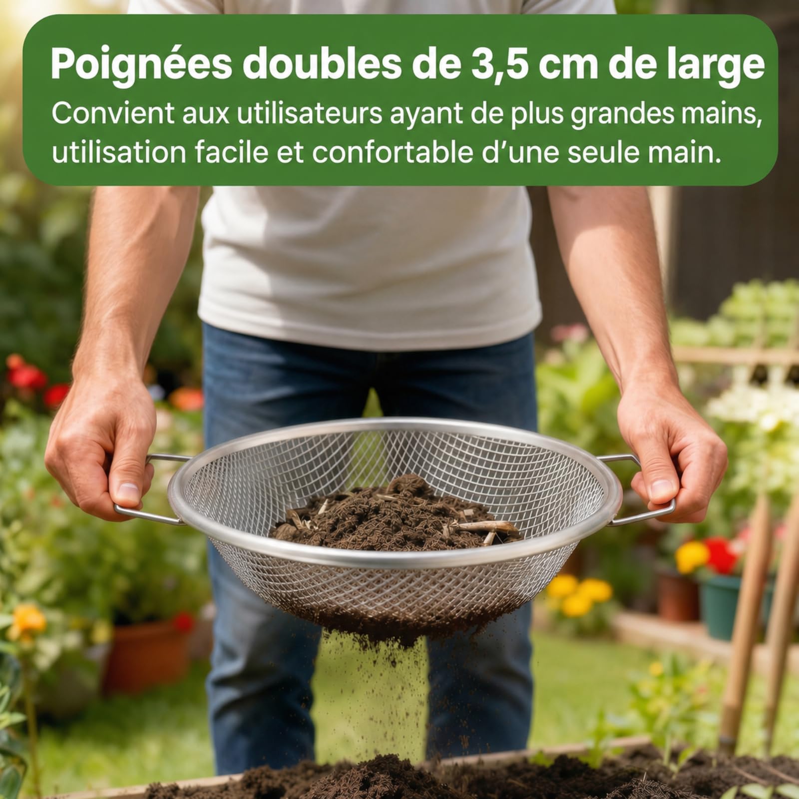 Tamis de jardin - Double poignées de 3,5 cm pour grandes mains - Diamètre : 30 cm - Pour seau de 18 l - Filet en acier galvanisé de 1 mm - Maille de 6 mm - Pour jardin et plantes en pot