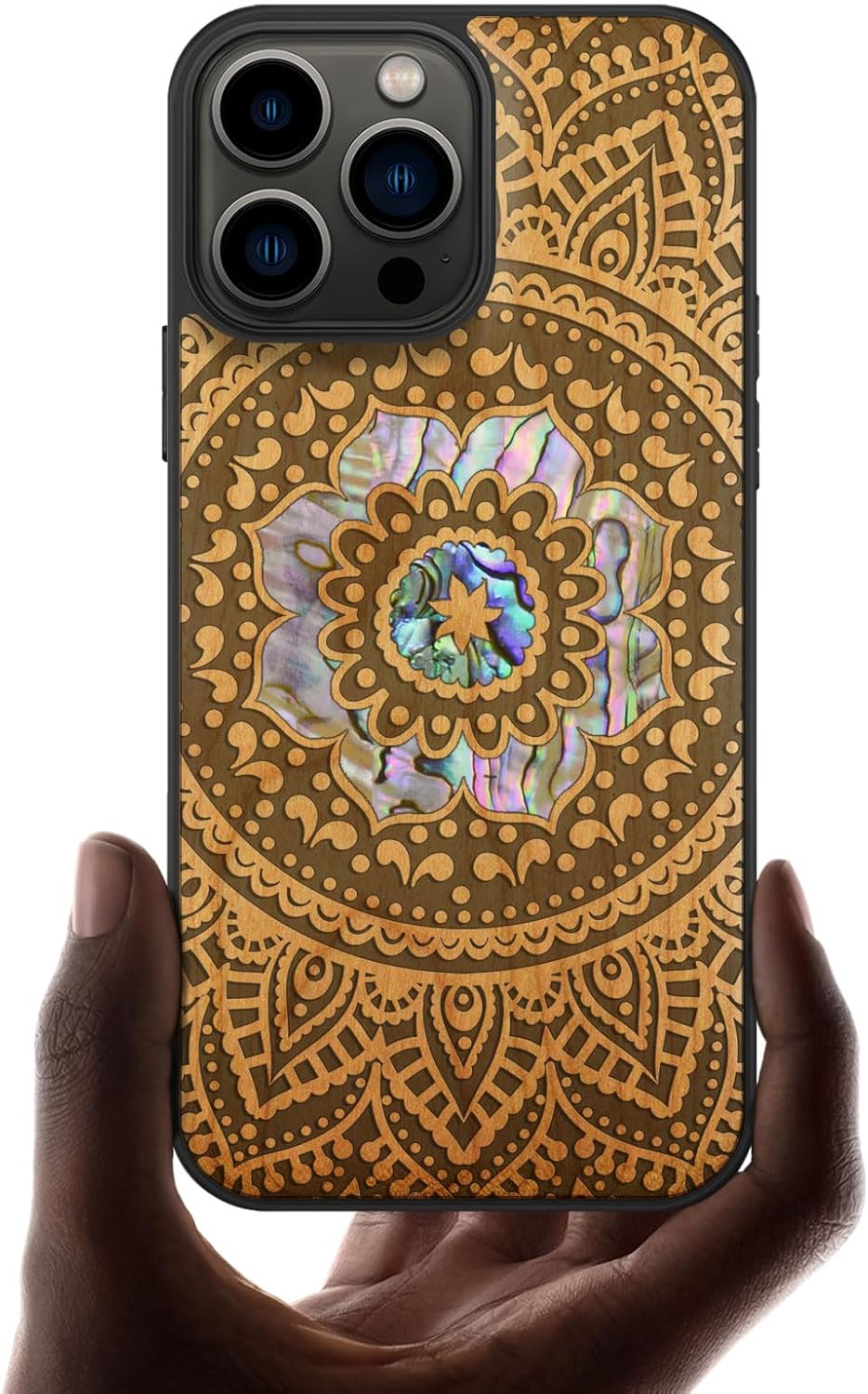 Carveit Designer Wooden Protective Case for iPhone 13 Pro Max Magnetic Cover [Wood Engraving & Shell Inlay] Compatible with 13 Pro Max MagSafe (Mandala Pattern-Cherry)