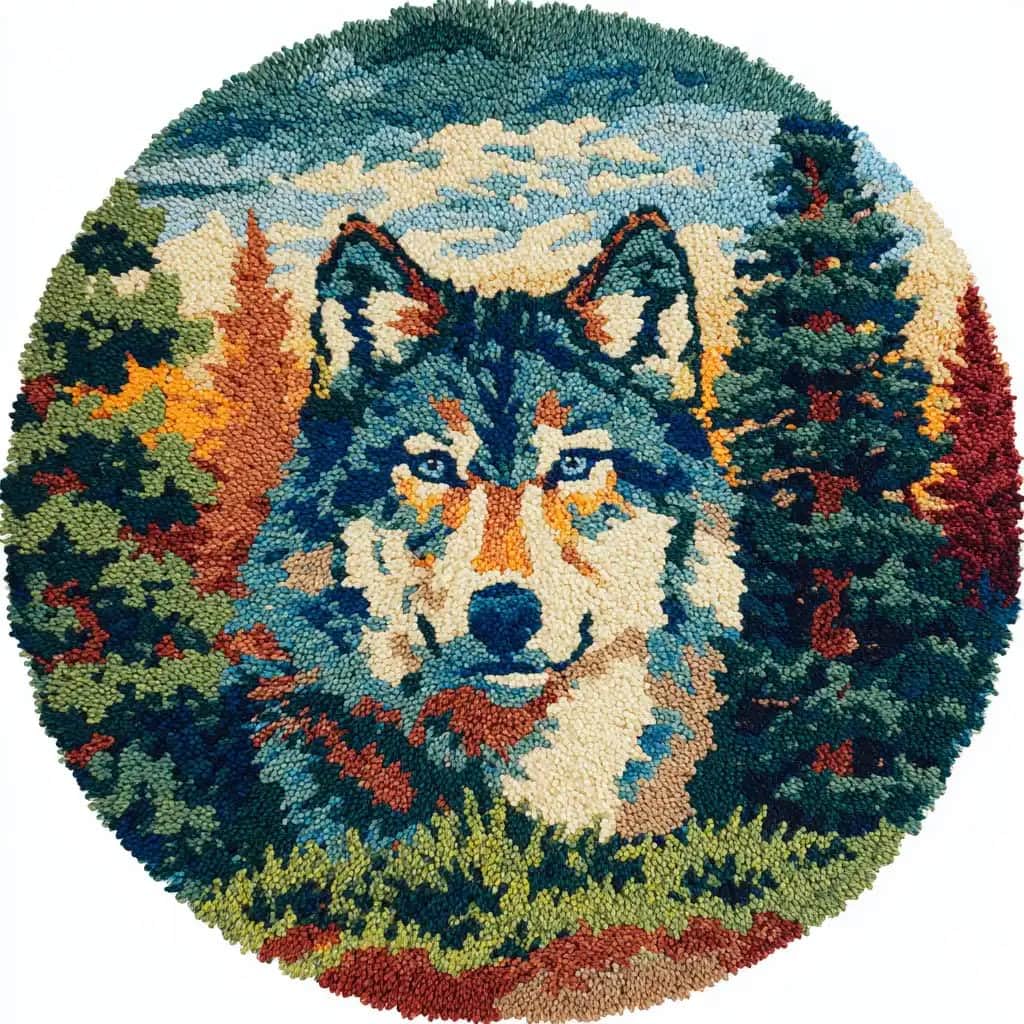 Round Latch Hook Rug Kits Wolf For Adults And Starter 50*50Cm
