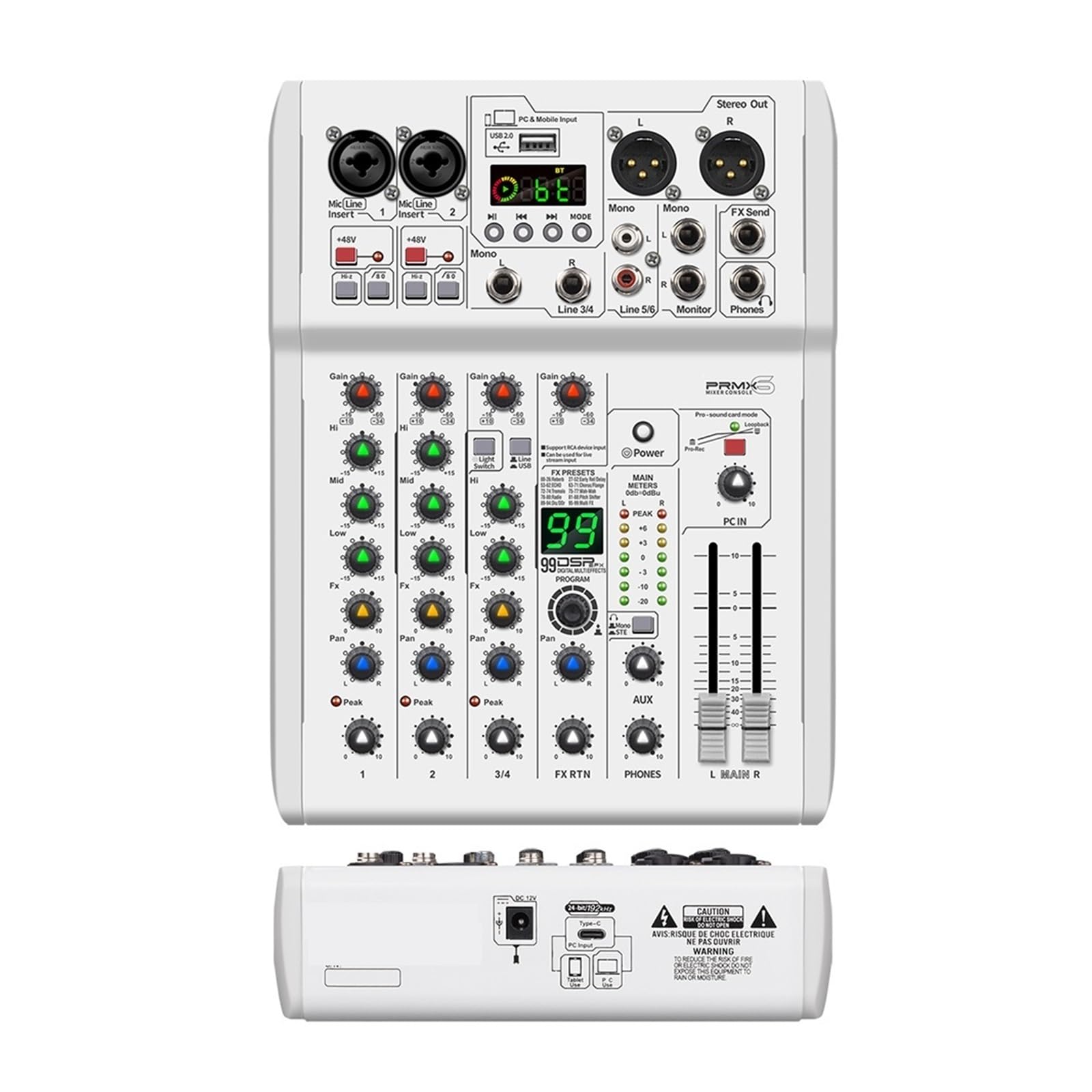 Audiomixer, Mixer DJ-Konsole 99 DSP-Effekte Mischpult PRMX-6 mit 5.0 BT 24bit/192k for die Aufnahme von Musikinstrumenten