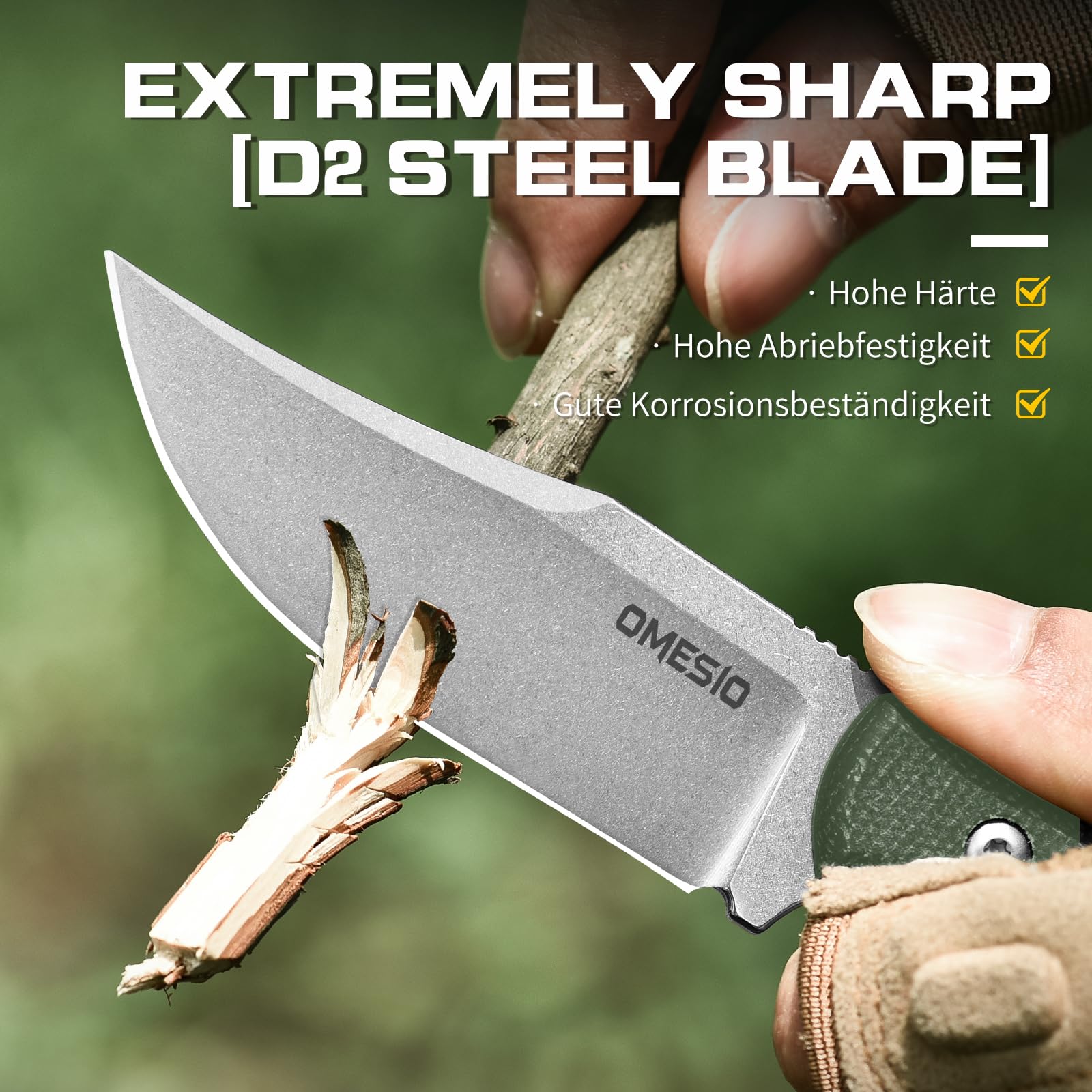 Omesio Couteau EDC D2 7,8 cm Manche Micarta avec Étui Kydex | Livré avec pierre à aiguiser et corde en nylon, idéal pour camping, randonnée et activités de plein air.