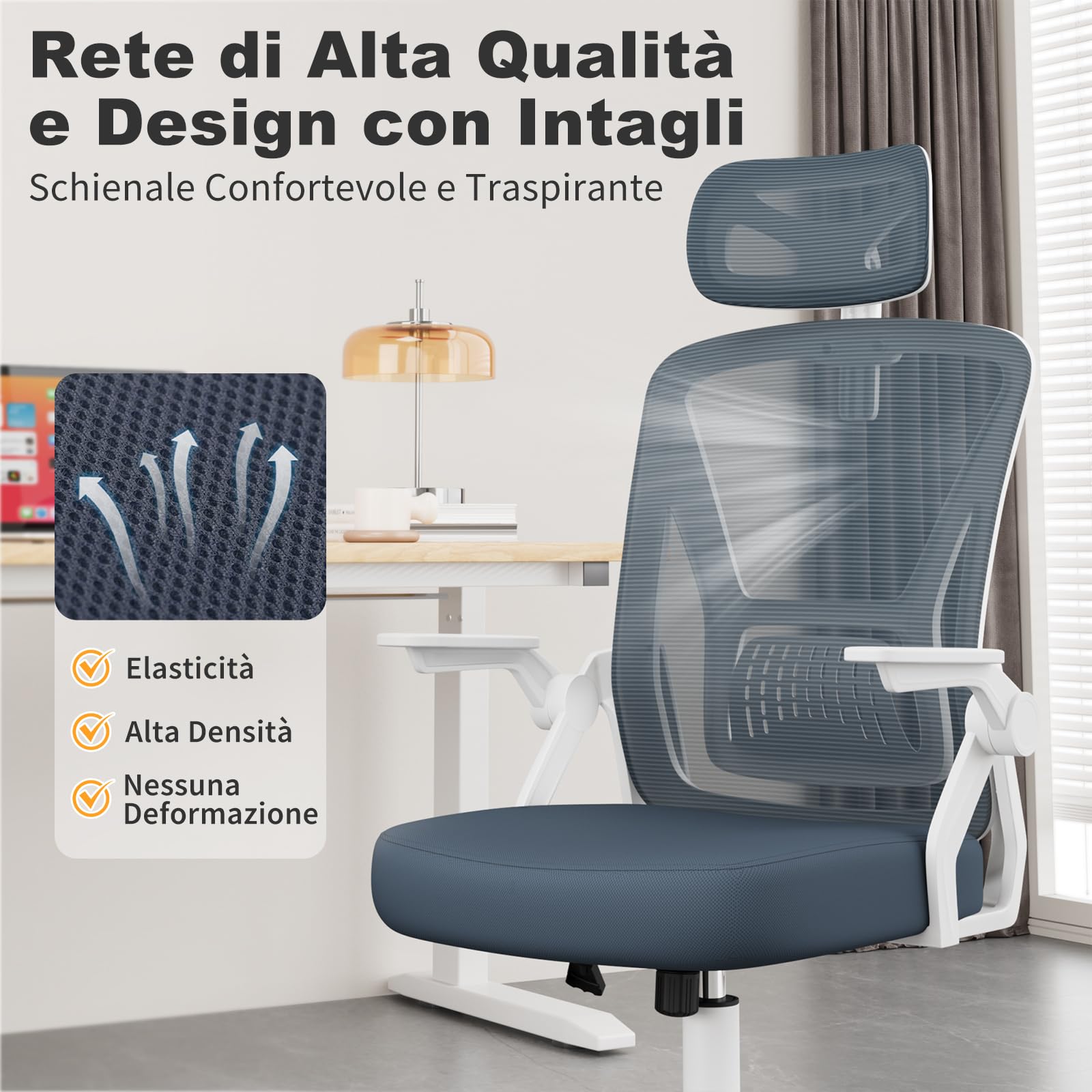 Sedia Da Ufficio Naspaluro Ergonomica - Braccioli Ribaltabili, Schienale In Rete, Girevole A 360°, Colore Blu-Grigio
