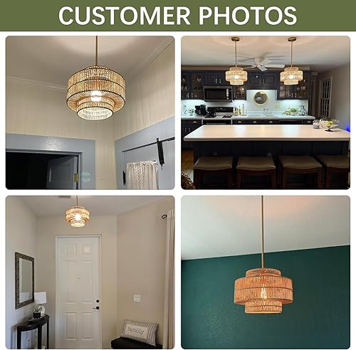 Miniatura 7 de 12.4” Candelabro de ratán boho, 1 luz, lámpara colgante tejida a mano, lámpara colgante rústica de estilo granja para isla de cocina, recámara,