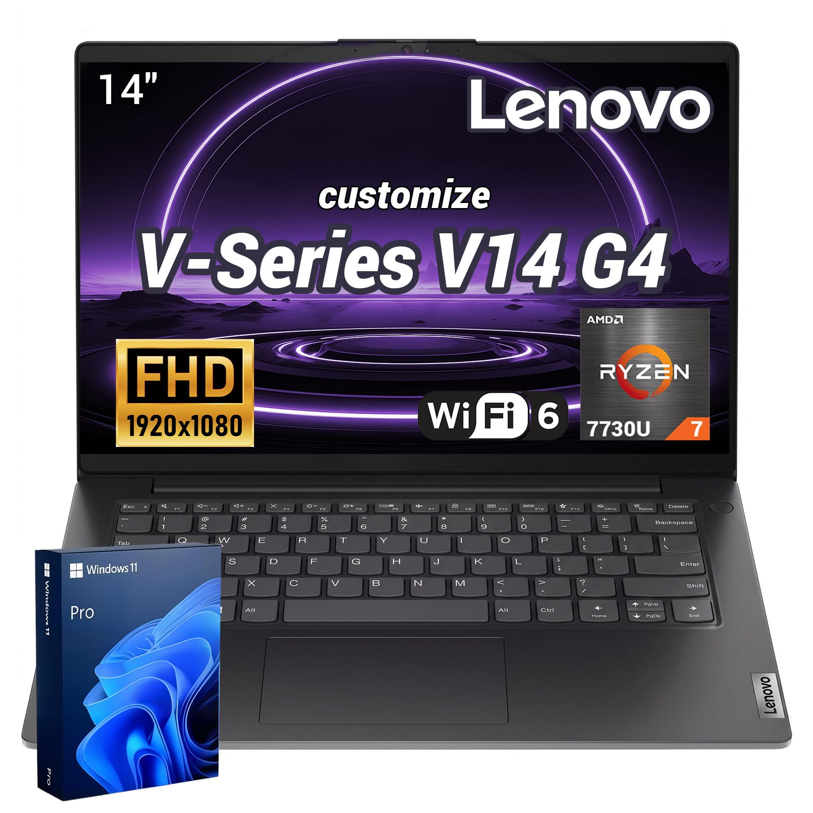 Lenovo V14 FHD AMD Ryzen 7 7730U Business Laptop, 16GB DDR4 + 512GB SSD | 14" FHD 60Hz Display, HD Camera with Privacy Shutter, Dolby Audio, Kensington Security Slot, Rapid Charge, Win 11 Pro, Black