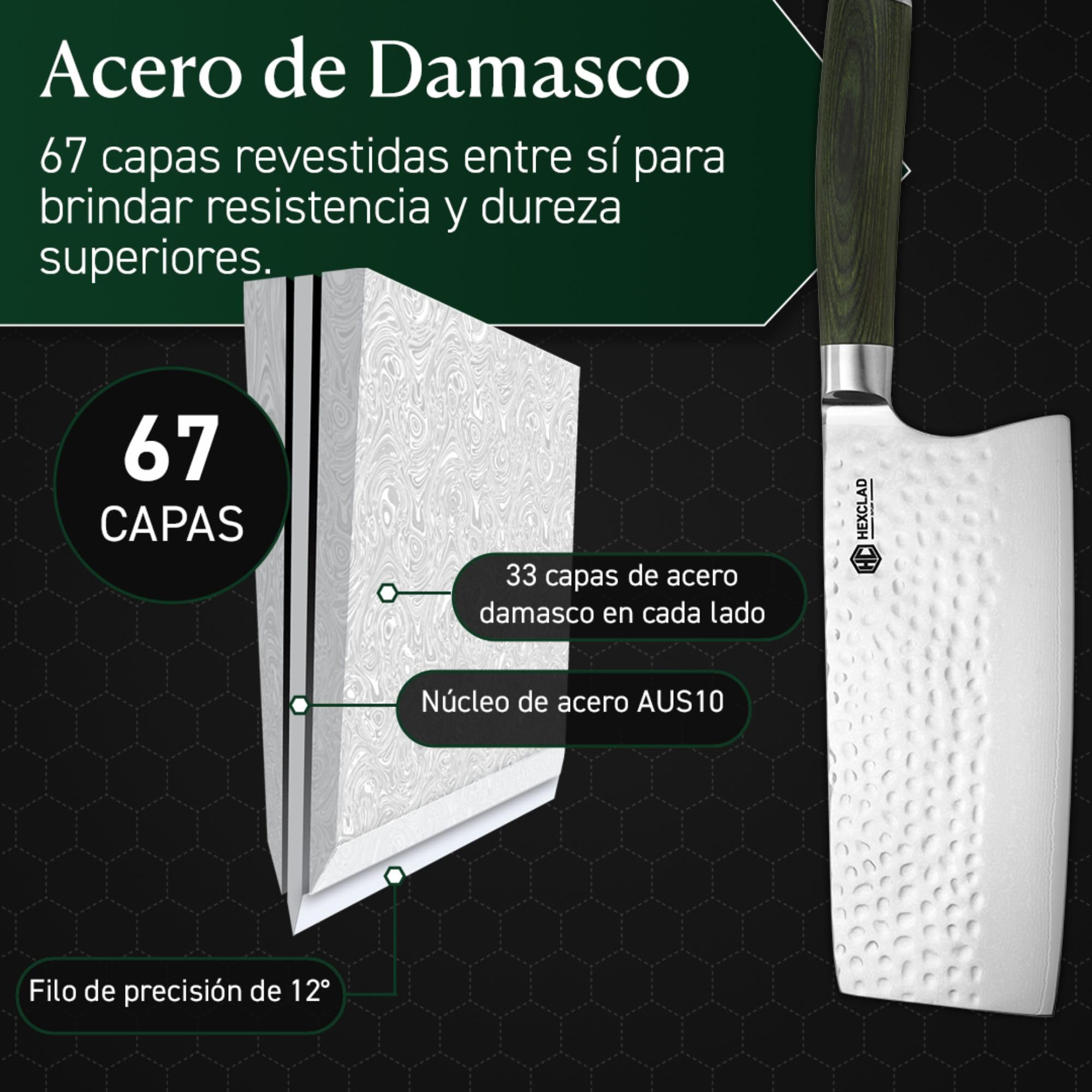 HexClad Cuchillo carnicero de 18 cm, hoja de acero inoxidable japonés de Damasco, construcción Full Tang, mango de madera de Pakka