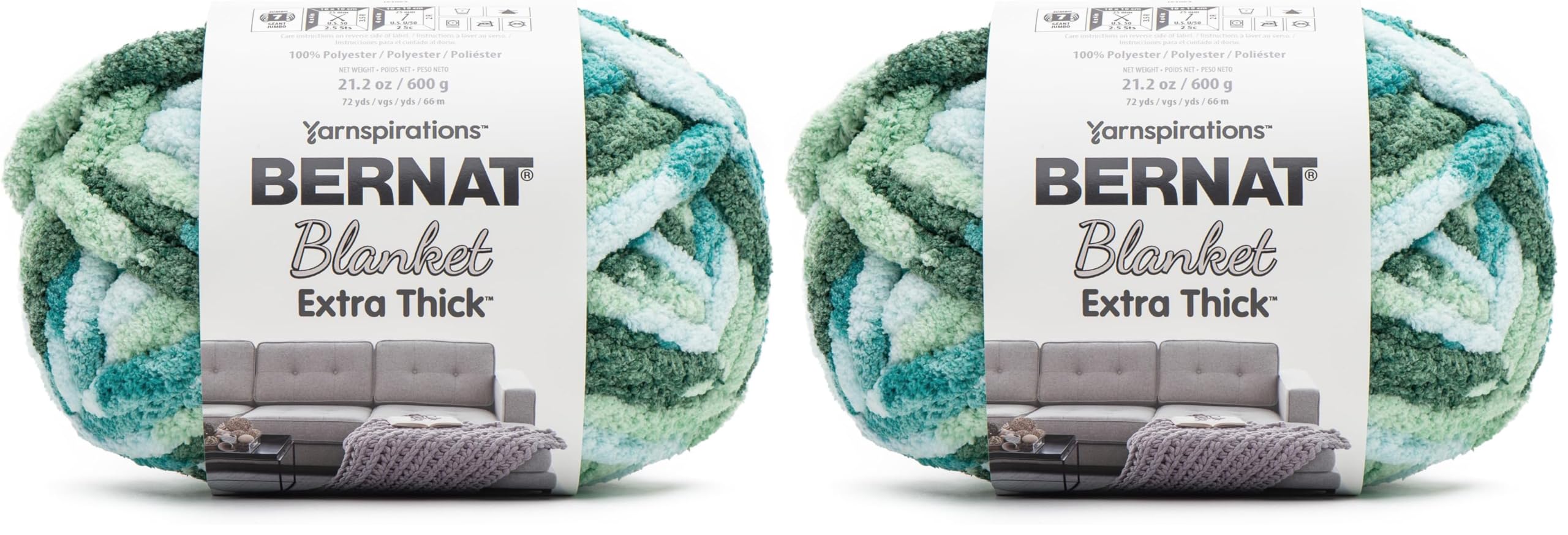 Bernat Blanket Extra Thick Teal Ivy Varg Yarn - 2 Pack of 21.12oz/598.74g - 100% Polyester - #7 Jumbo - 72 Yards - Chunky Yarn for Hand Knitting, Crocheting, Crafts &amp; Amigurumi
