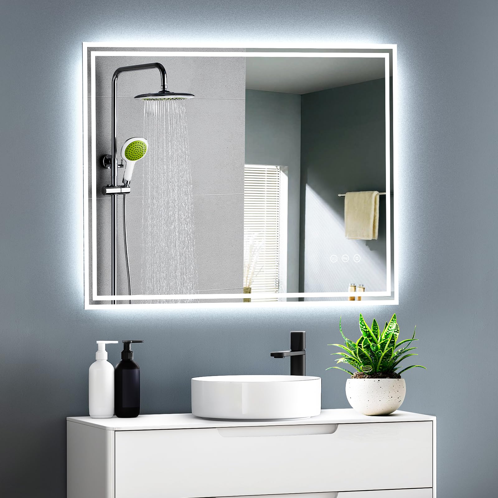 Badspiegel mit Beleuchtung 80x60, Badezimmer Spiegel mit Beleuchtung Steckdose, 3 Lichtfarbe, Beschlagfrei, Dimmbar, Led Spiegel Bad mit Touch-Schalter