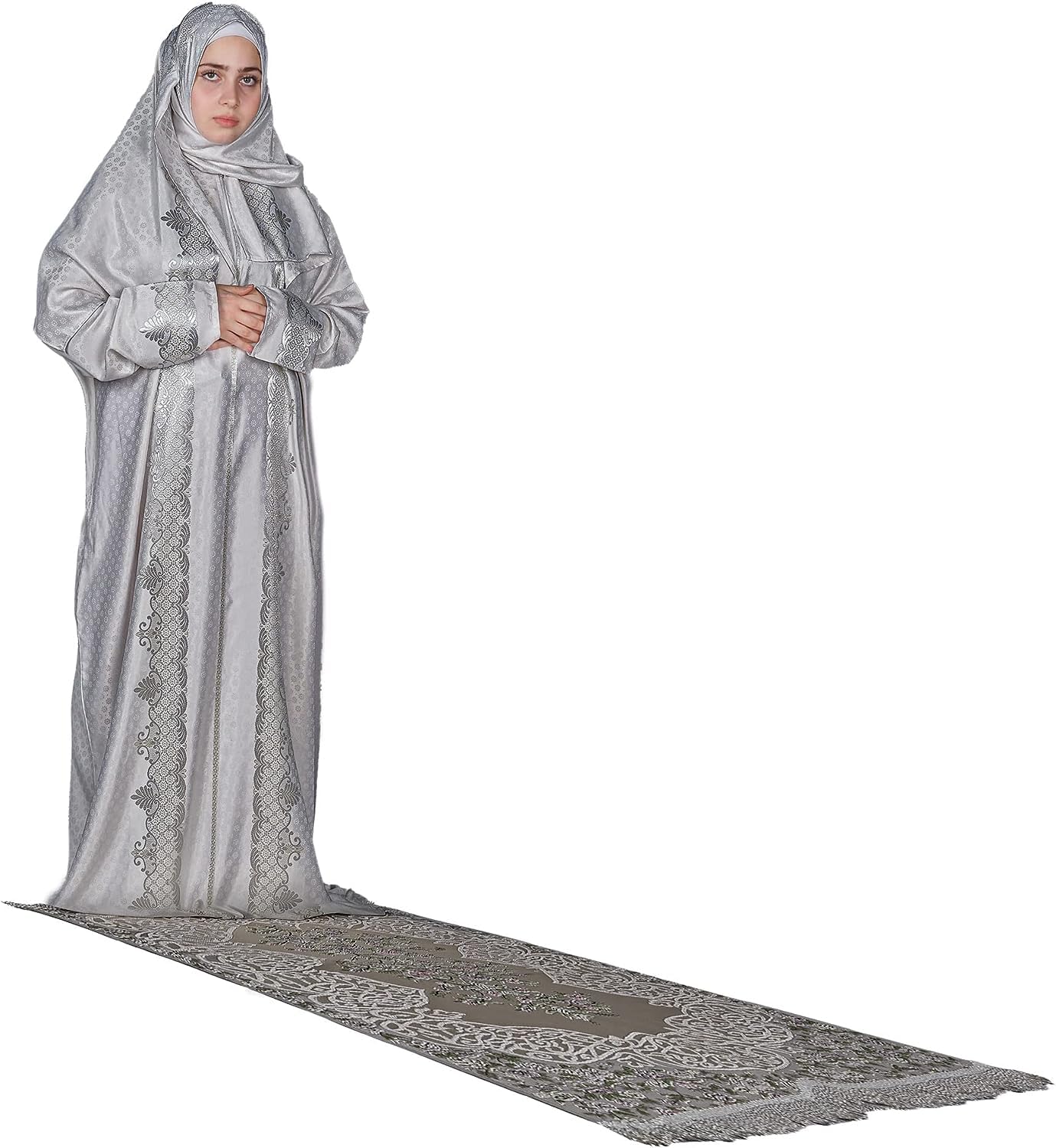 Sundus sama prayer rug with prayer dress and Quran cover for Ladies (SILVER)