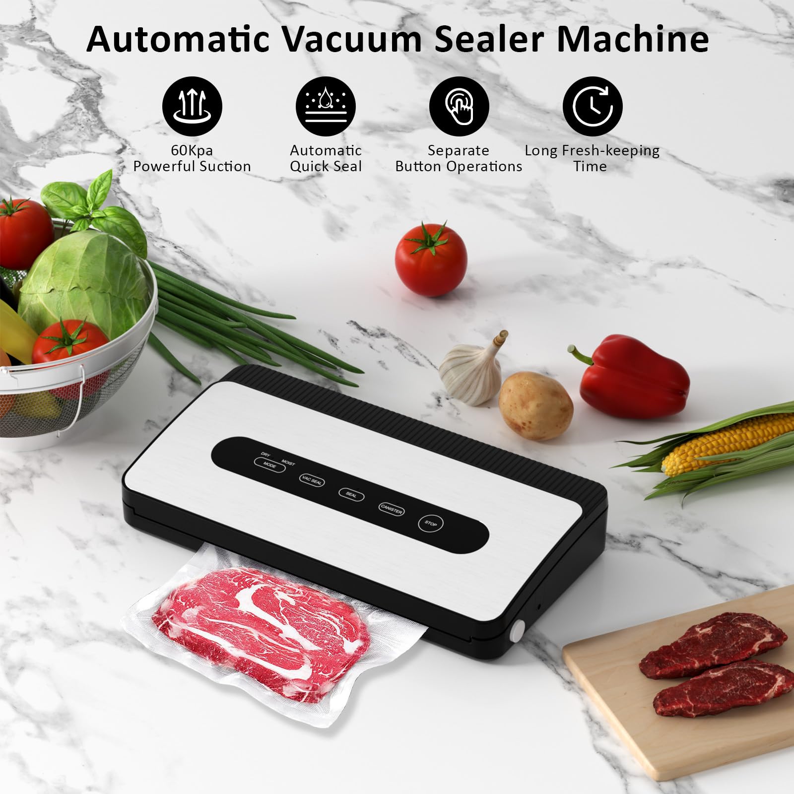 Vacuum Sealer Machine, COKUNST Food Saver Vacuum Sealer Machine(60Kpa), Automatic Air Sealing Systemfor Dry/Moist Modes, Vacuum Sealer for Food Built-in Cutter & Bags Storages
