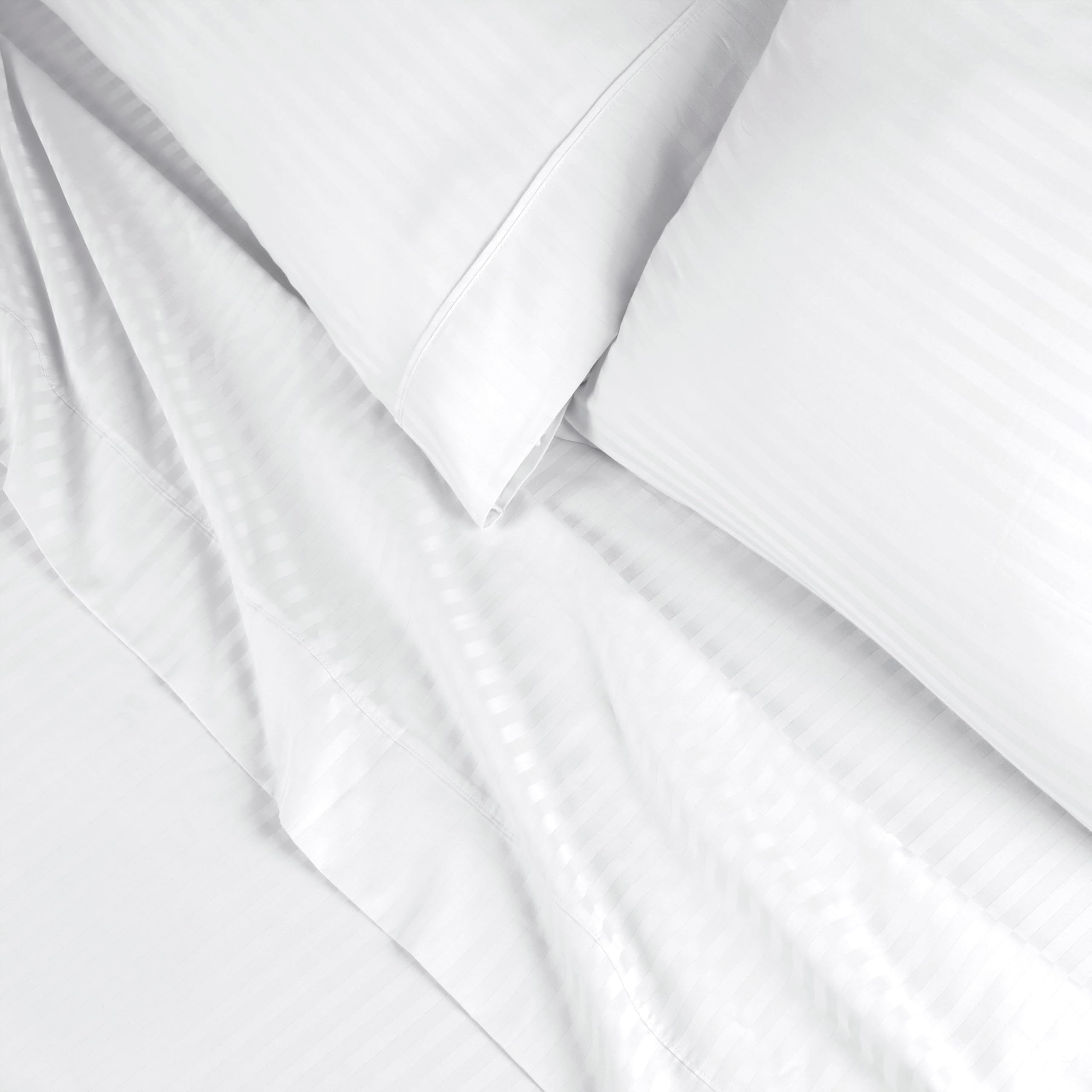 Superior Egyptian Cotton 300 Thread Count Bed Sheet Set, 1 Elastic Deep Pocket Fitted Sheet, 1 Flat Sheet, 2 Pillowcases, Daily Sheets, Luxury Home Essentials, Striped Design, Queen, White
