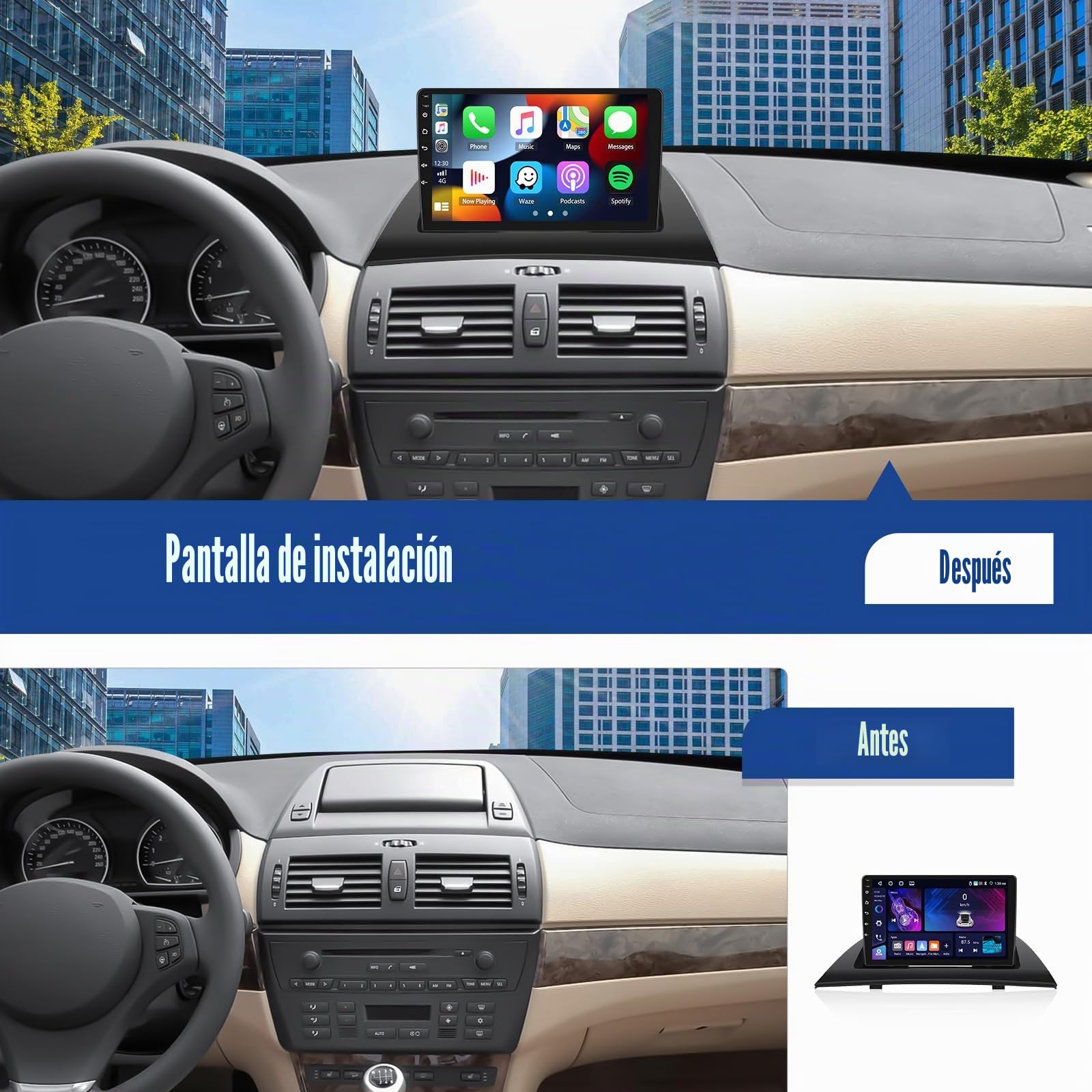 SIXWIN 4GB+64GB Android 15 Autorradio para BMW X3 E83 2004-2012 - 9" HD E83 Pantalla Táctil HD 1280x720 con CarPlay y Android Auto Inalámbrico,GPS, Bluetooth 5.0, FM/RDS,32EQ,USB+AHD Cámara