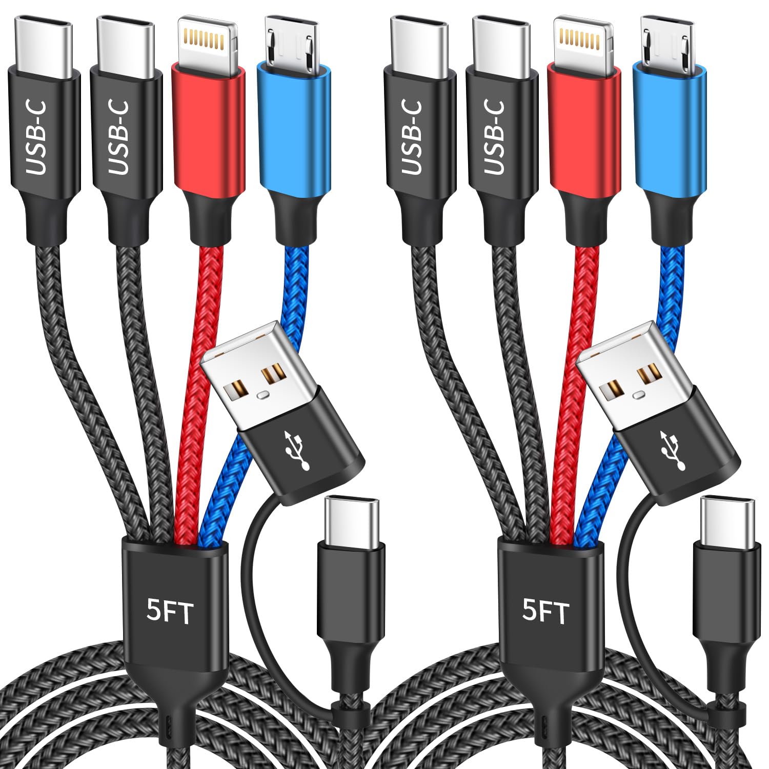 4 in 2 Multi Charging Cable, USBA/C Charging Cords for Multiple Devices | Dual Type-C Ports Phone Charger Cord, Universal Travel Charger for iPhone17-12/Androids/Pad, Car, Camping and More, 2Pack 5FT