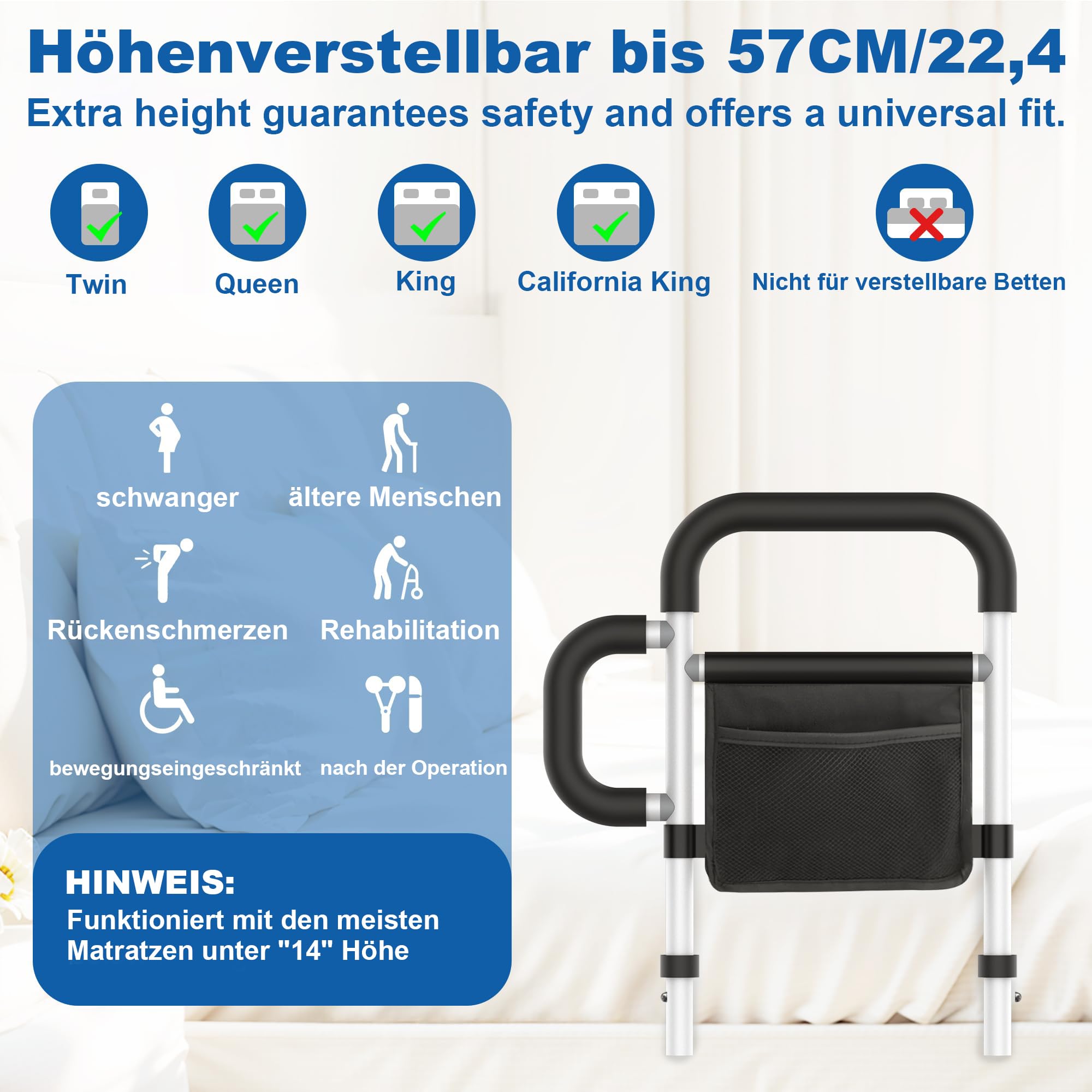 Aufstehhilfe Bett,Haltegriffe für Senioren,Bett Einstiegshilfe Höhenverstellbar 160kg,Abnehmbare Armlehnen & Sicherheitsgurte für alle Arten von Betten | Mit Sturzprophylaxe+Aufbewahrungstasche