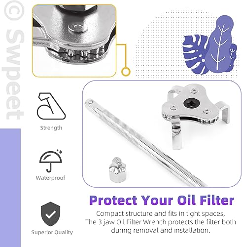 Miniatura 4 de Swpeet 3 piezas de llave universal de filtro de aceite de 3 mandíbulas y adaptador de controlador cuadrado de 3/8 pulgadas y mango cuadrado de 1/2