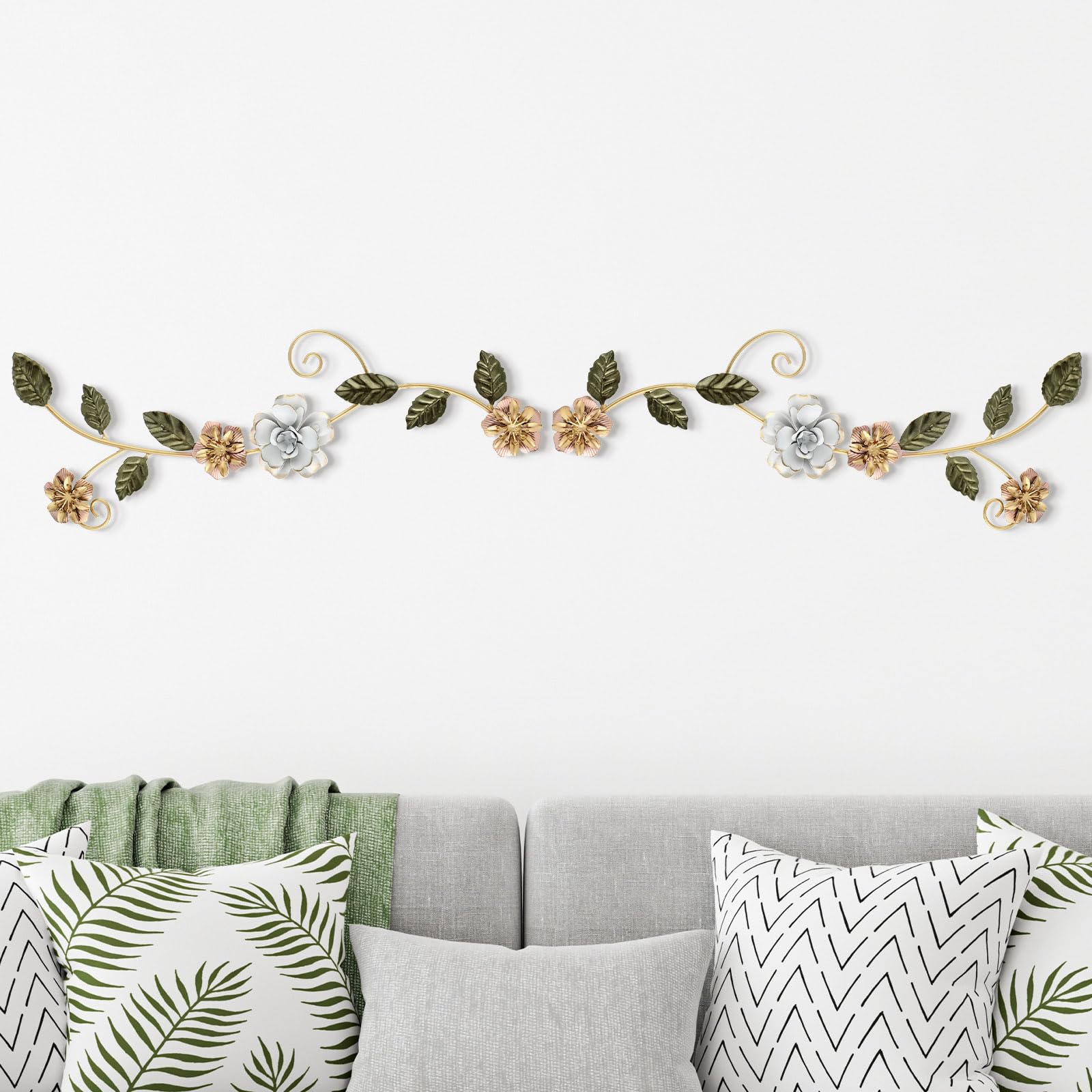 2 Pcs Metal Flower Wall Decor Spring Floral Wall Art Hanging Flowers Wrought Iron Scroll Sculpture for Living Room Bedroom Indoor Outdoor