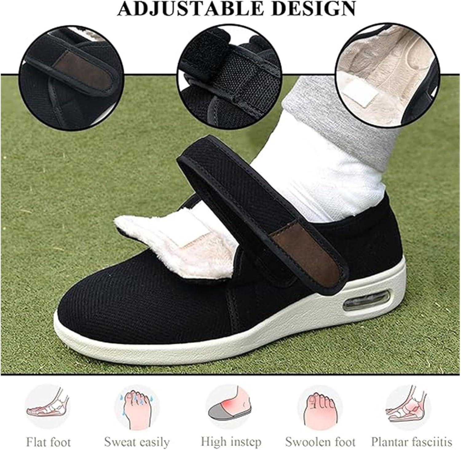 Swollen Feet Diabetic Shoe, Men's Adjustable Memory Foam Winter Warm Fuzzy Cozy Extra Diabetic Shoe, Comfortable Orthopedic Wide Footwear, for Elderly, Edema, Plantar Swollen Feet