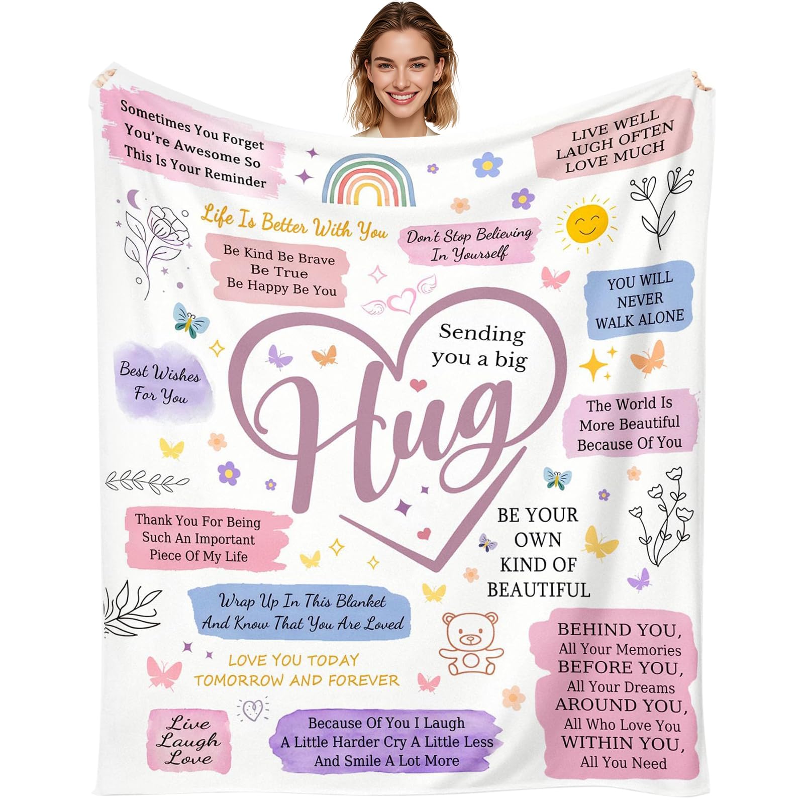 Gifts for Best Friend Women Blanket 150x130 cm, Blanket Throw with Warm Words Printed on It for Her Sister Girlfriend Bestie on Birthday Christmas Flannel Hug Throw Friendship Present for All Seasons