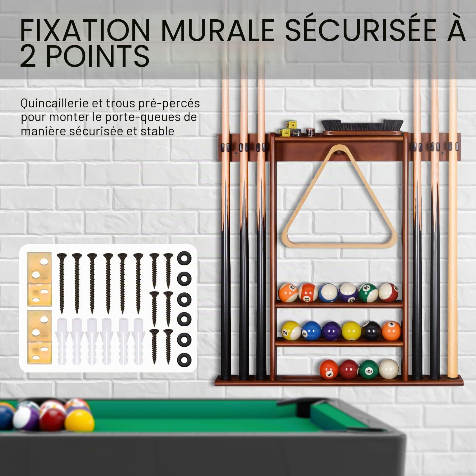 Support de Queue de Billard Mural Bois Massif 6 Trous 15 Porte-balles