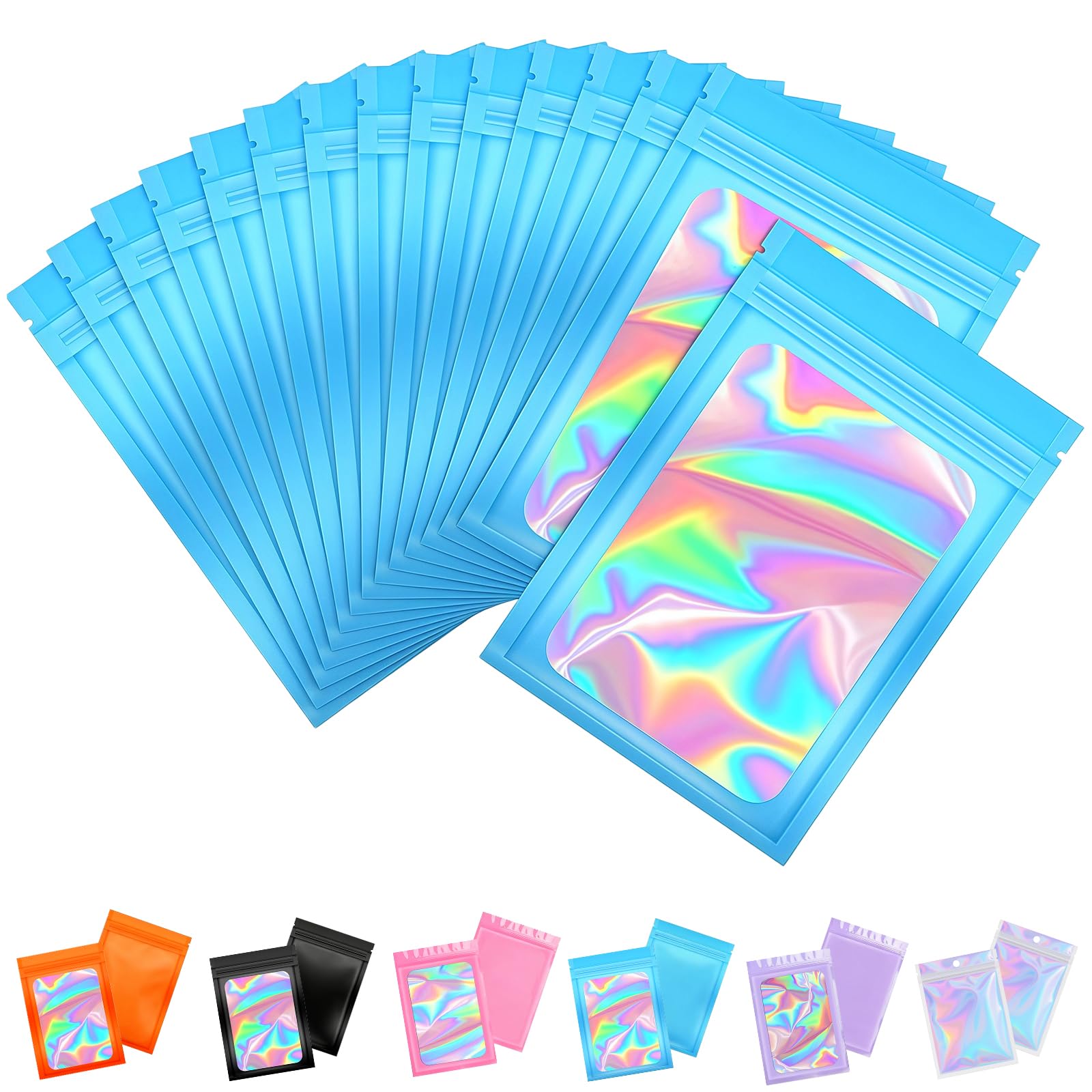 50pcs Holographic Mylar Bags 10.5x15cm - Blue Smell Proof Resealable Sweet Pouches for Lipgloss, Jewelry, Eyelash, Food Storage With Gift Grip Foil Ziplock