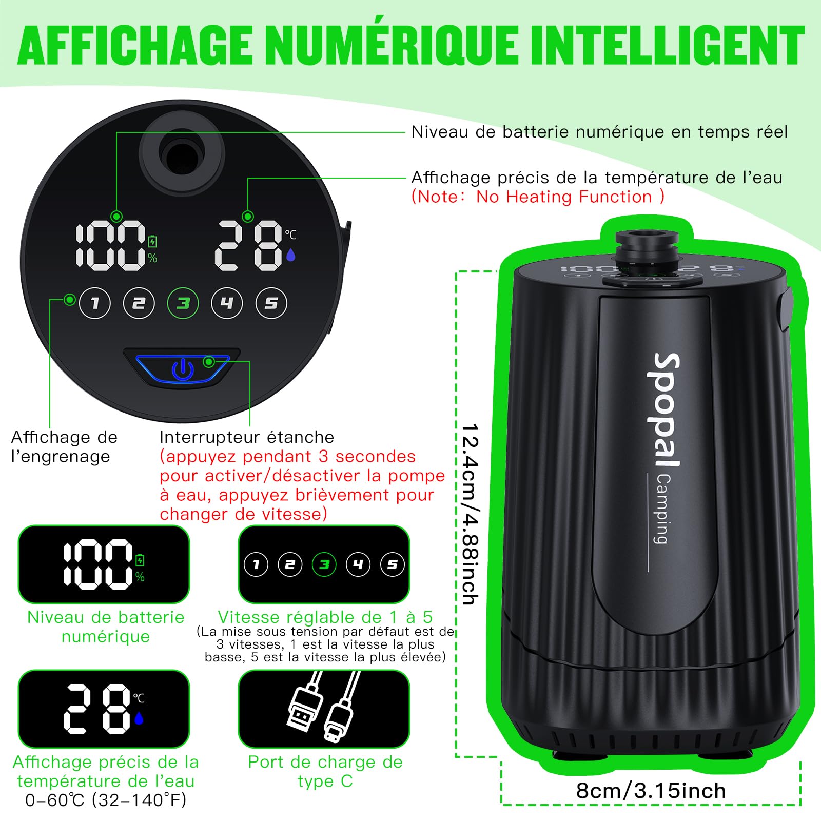 Spopal Douche Portable, Kit Douche de Camping,10000mAh,Douche Camping, Rechargeable, avec Afficheur Intelligent et 5 Vitesses Réglables pour Extérieure,Camping,Voyage,Animaux