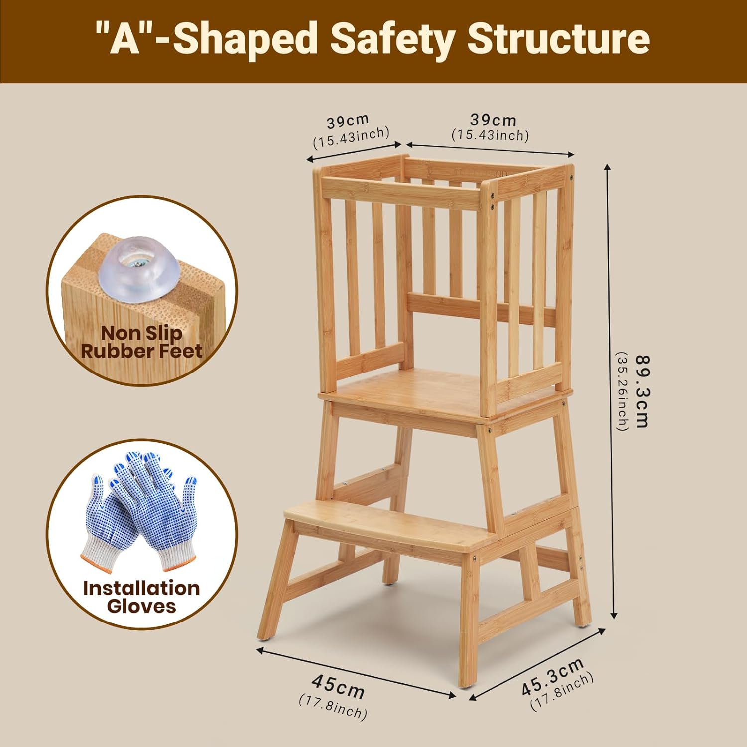 COSYLAND Leertoren Vanaf 1 Jaar – Montessori Leertoren van Massief Bamboe – Keukenhulp voor Kinderen – Anti-Tip Kinderstoel – Stijlvol Ontwerp – Licht Bamboekleur