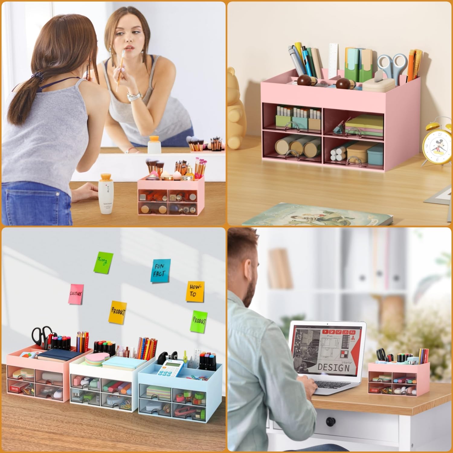 KAHEIGN Organizador de Escritorio 4 Cajones 19CM x 14CM Portalápices Gran Capacidad Rosa
