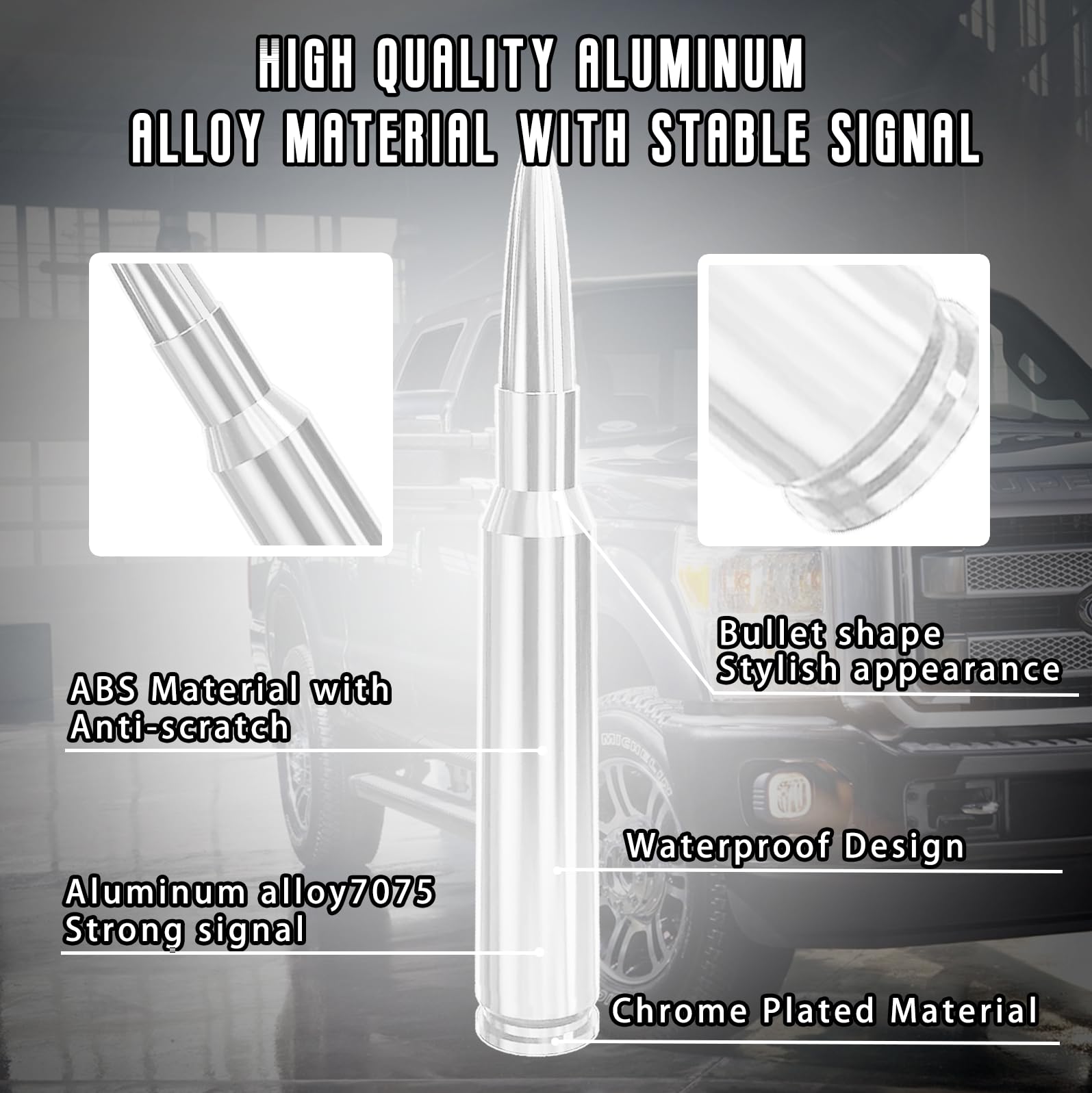Truck Car Bullet Antenna with Valve Stem Caps Mast for GM Chevy Silverado 1500 2500 3500 HD Ford F150 F250 F350 Denali Heavy Pickup Jeep Truck Accessories (Chrome)-Car wash Safe