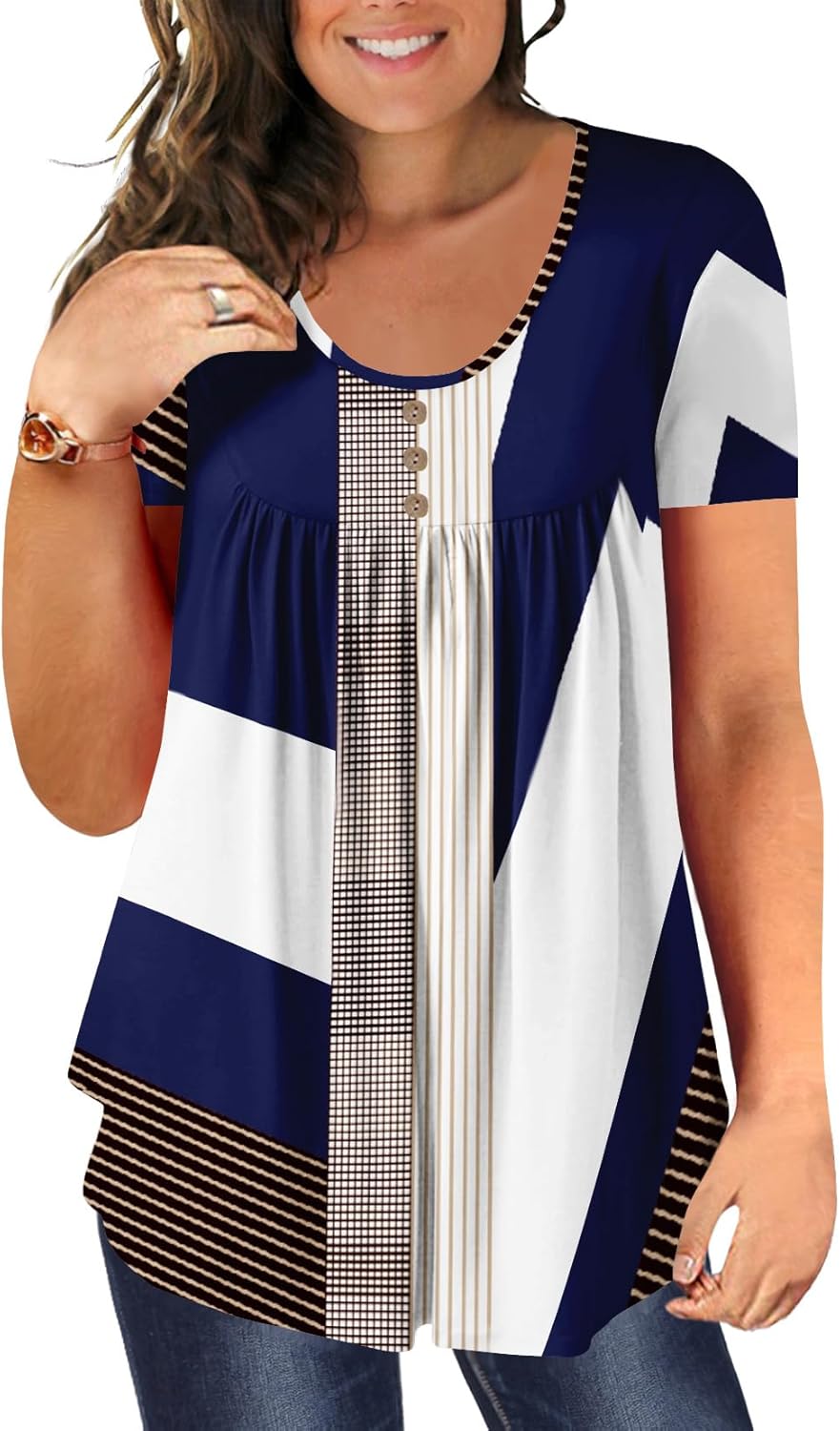 BeadChica Women's Plus Size Tunic Tops Casual Flowy Tshirts Ruched Botton Up Short Sleeve Blouses-Floral-3XL White Blue