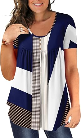 BeadChica Womens Plus Size Tunic Tops Casual Flowy Tshirts Ruched Botton Up Short Sleeve Blouses-Floral-3XL White Blue