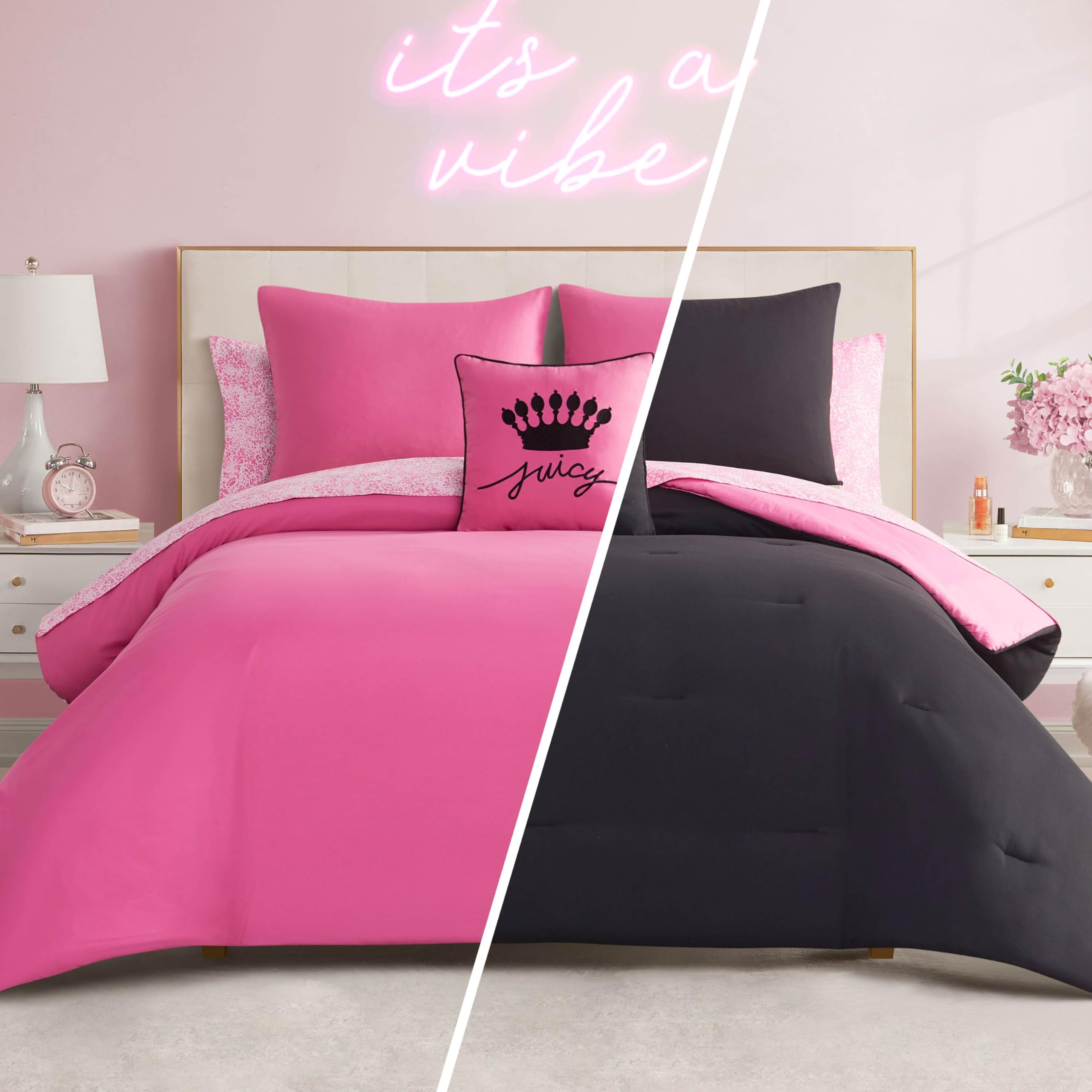 Juicy Couture Pink/Black In The Wild Reversible Comforter Bed In A Bag Set, Twin
