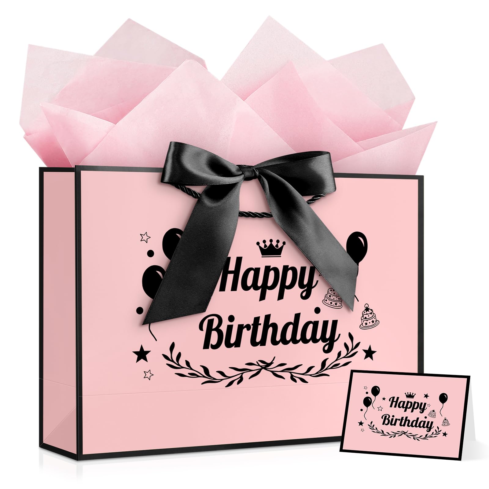 YoungTree Happy Birthday Gift Bag, Pink with Black Satin Bow & Crown Design, Large Birthday Present Bag for Party Favors, Size 12.6"x8.6"x4.3" — image 1