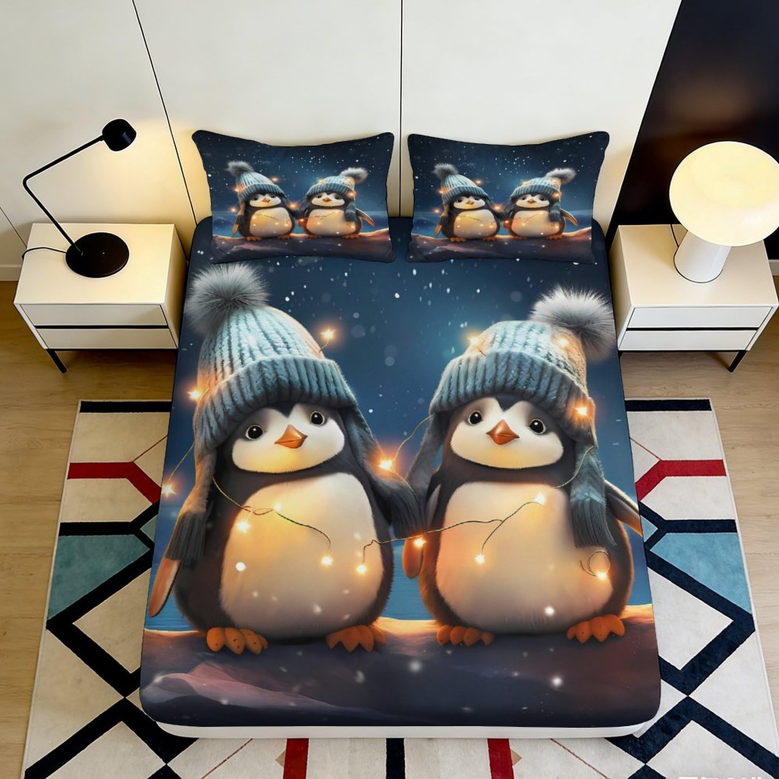 Jqzkxnhpbr Style-8 3D Printed Cute Penguin Fitted Sheet Microfiber Soft Anti-Slip Winter Hat Bed Sheet For Bedroom Guest Room Decor 90X200x25cm