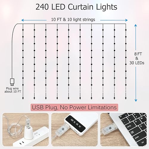 Miniatura 8 de KepStars Cortina de luces LED, 6 x 8 pies, 144 luces LED RGB que cambian de color con control inteligente de aplicación, sincronización de música y