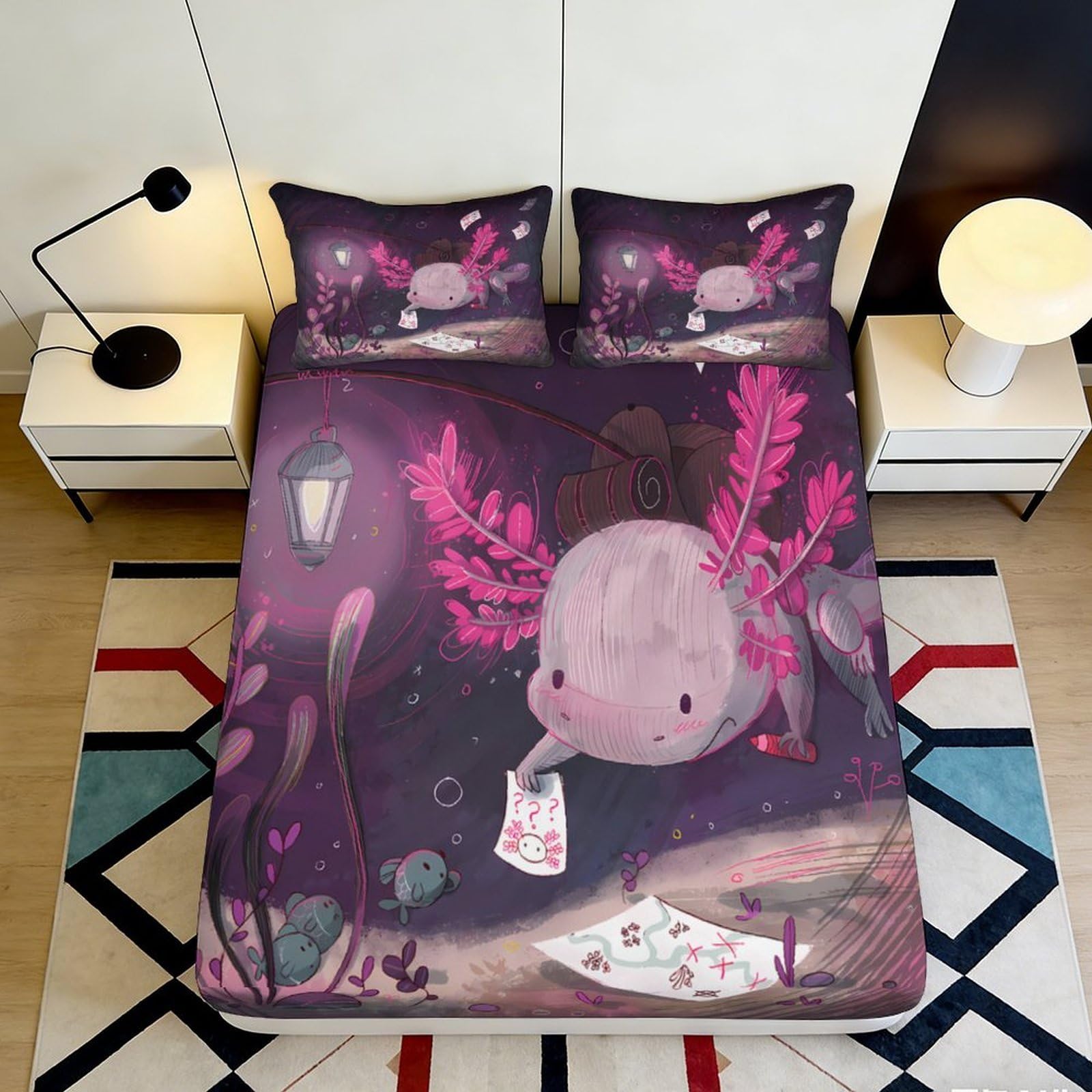 3D Printed Fantasy Axolotl Fitted Sheet Microfiber Soft Anti-Slip Bedroom Decor Forest Adventure Mattress Cover 90x200x25cm