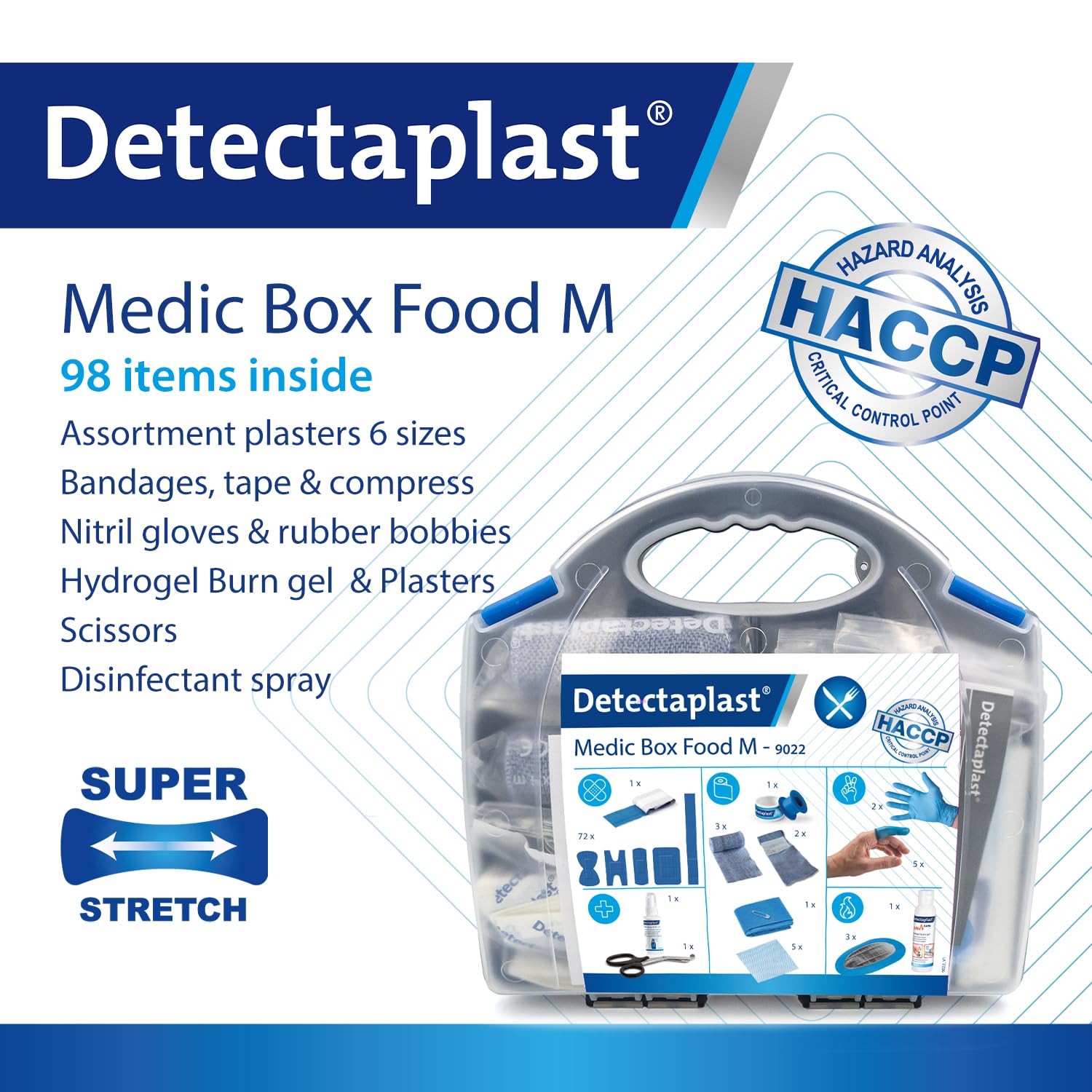 Apteczka Detectaplast dla gastronomii, apteczka do leczenia ran, przenośna apteczka w etui z plastrem, bandażem, taśmą, sprayem dezynfekującym, 99 sztuk