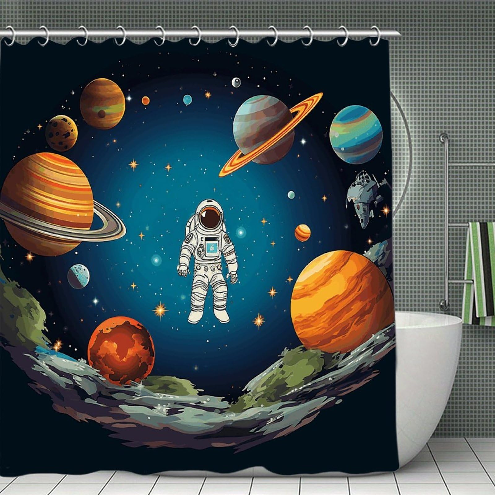 FekiLoot Outer Space Rocket Astronaut Shower Curtain Thick Weighted Shower Curtain Classic Unique Bath Curtains Heavy Duty Long Showers Curtains for Bathroom Bath Tubs Machine Wash 70.8"x70.8"