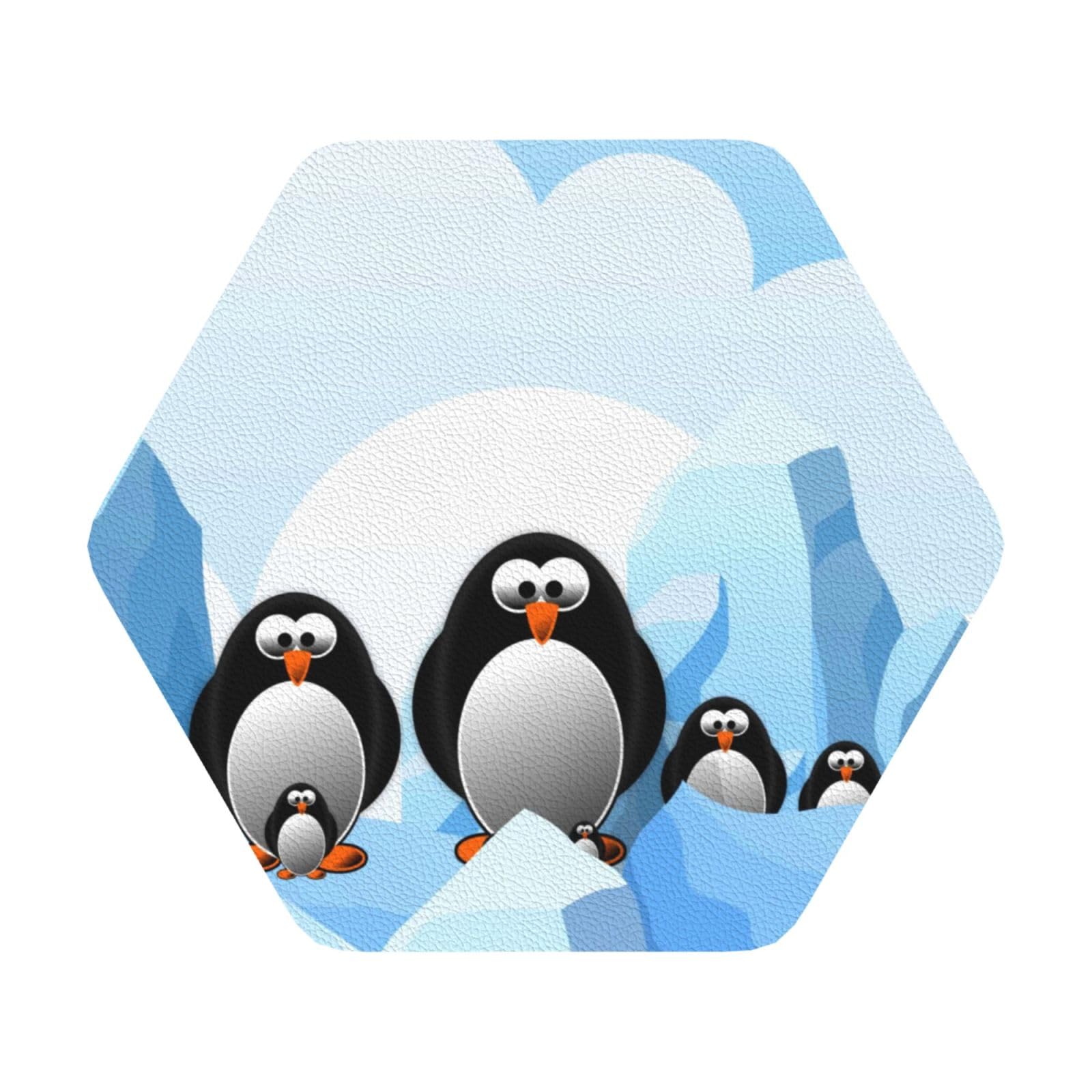 Penguin Antarctica Ice PU Leather Coasters Set of 6 Hexagon Drink Coasters