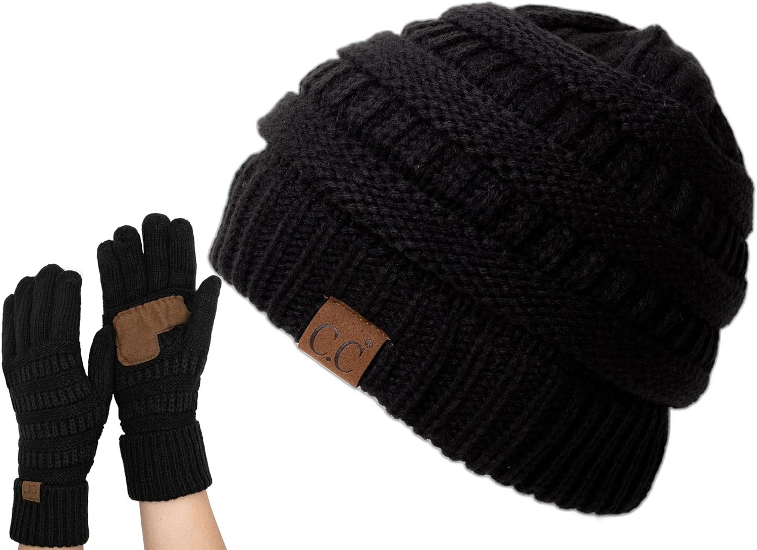 C.C Unisex Chunky Soft Stretch Cable Knit Warm Fuzzy Lined Skully