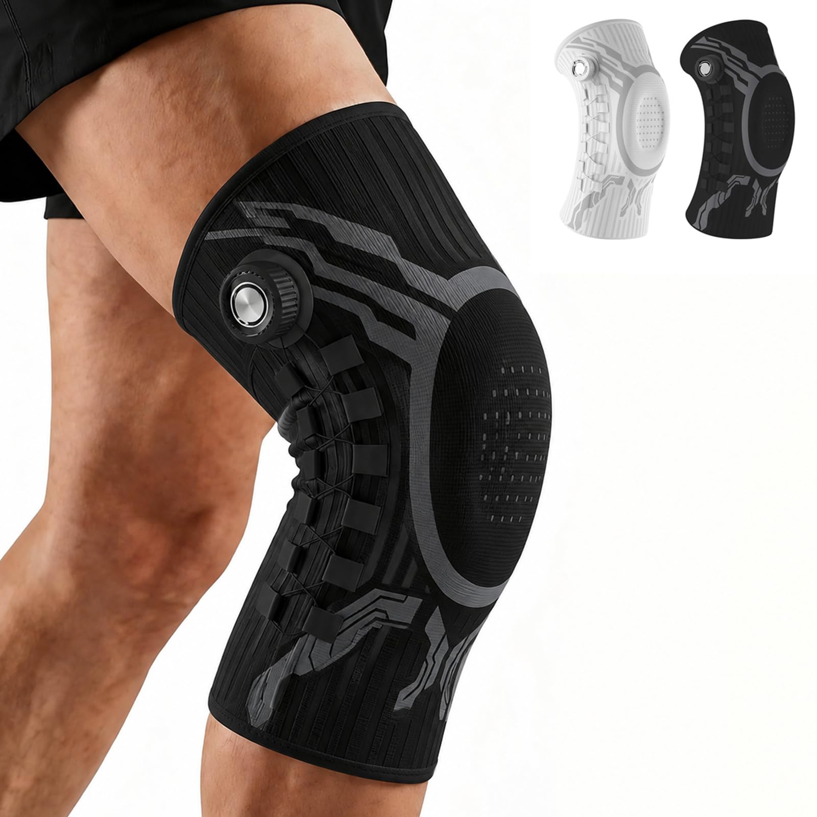 celuvae KnaufKniebandage zur Schmerzlinderung, Verstellbare Kniestütze mit Gel-Pad & Springs (Schwarz-Rechts,L(65-85kg))