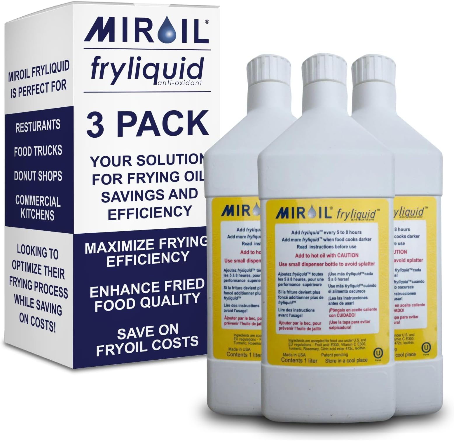 3 x 1 Liter Bottle FryLiquid by MirOil, Antioxidant & Removes Unhealthy Fats, Prevents Breakdown, Vitamin Therapy & Extends Deep Fryer Oil Life for Donut Shops, Restaurants, Food Trucks & Food Service