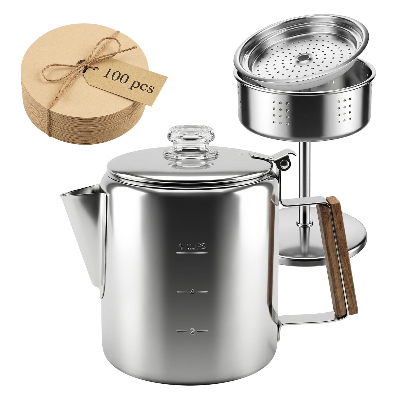 Perkolator Kaffeekanne 1L 304 Edelstahl Kaffeekanne für den Herd Enthält 100 Filterpapiere Kaffeekocher Camping Kompatibel mit Gasherden Induktionskochfeldern Campingkochern