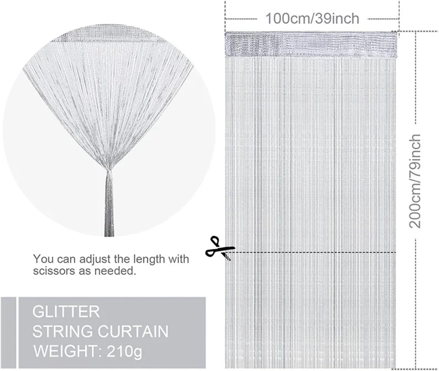 Solid Blackout Curtains for Bedroom String Curtains Glitter Fringe 100x200cm Doorway Divider Strip(Black)