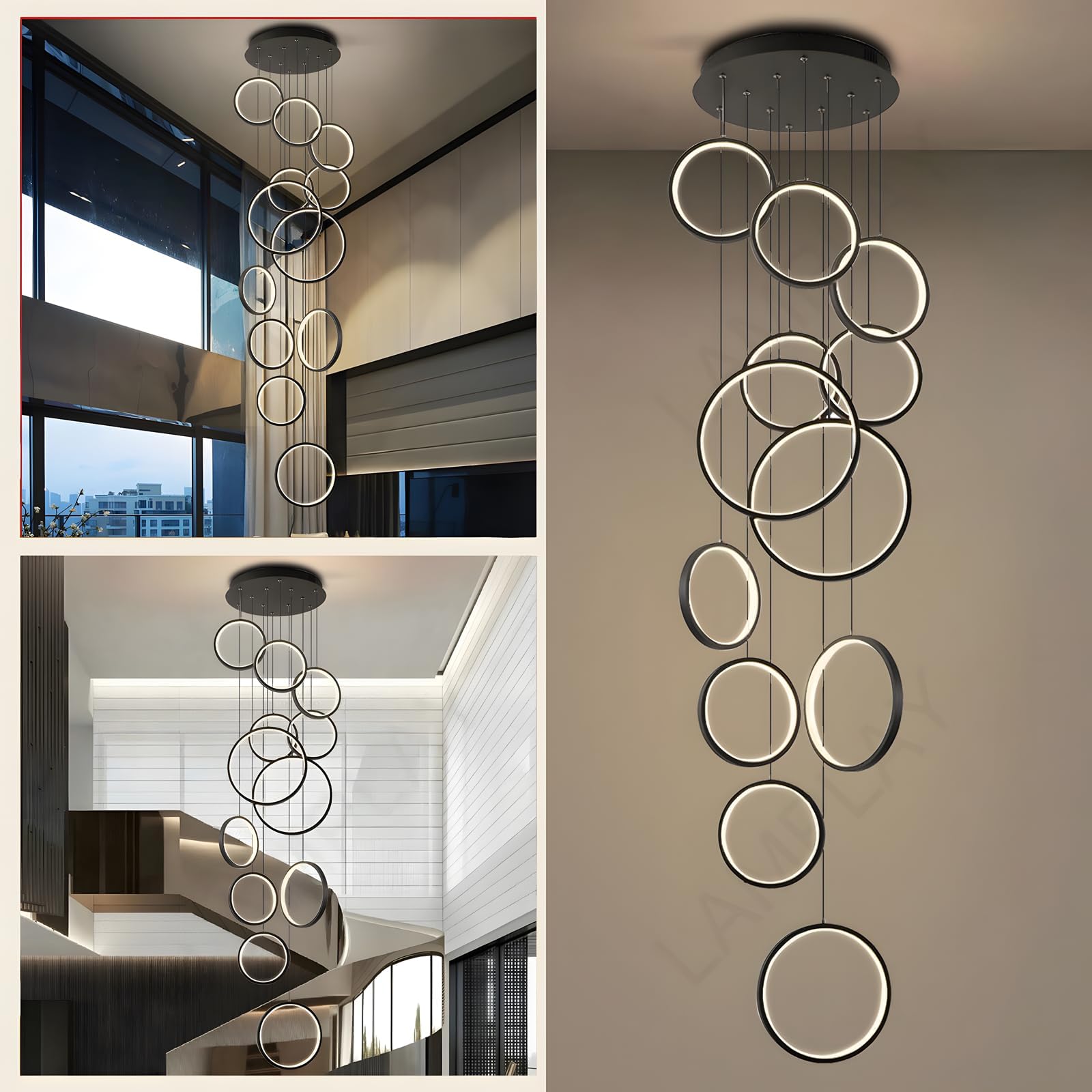Lampadario A LED Per Scale Lunghe, Lampada A 12 Anelli Neri Per Soffitti Alti, Lampada A Sospensione Regolabile In Altezza Per Ingresso Fai Da Te, Dimmerabile Con Telecomando 3000K-6000K