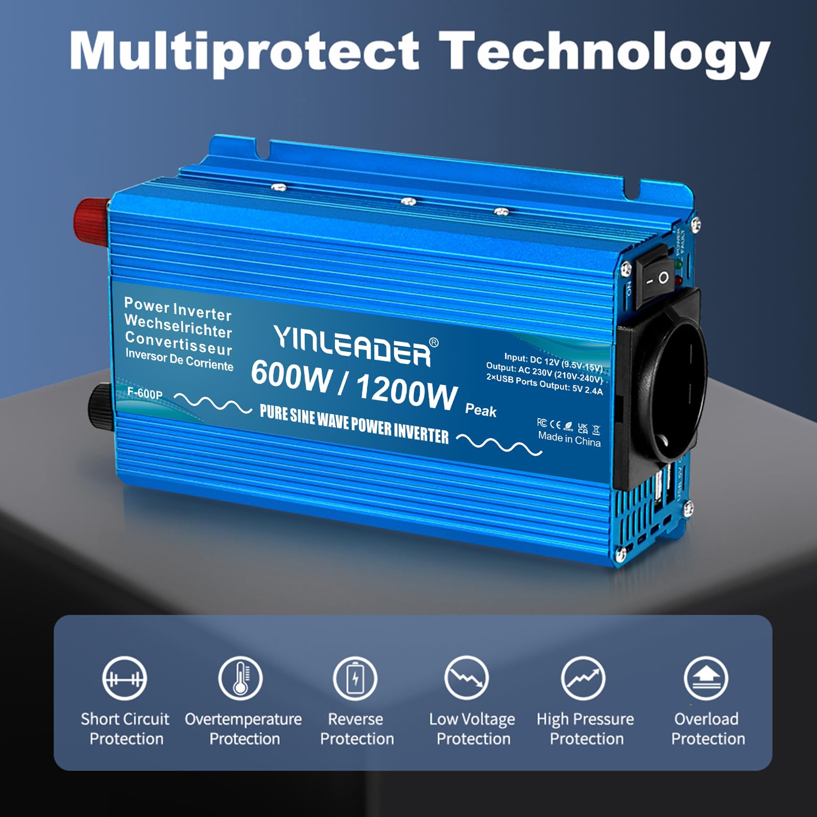 Yinleader 600W /1200W 12V auf 230V Reiner Sinus Wechselrichter KFZ Spannungswandler mit 1 EU-Steckdose & 2 USB, Inverter für Laptop, Kühlbox, Camping & PKW