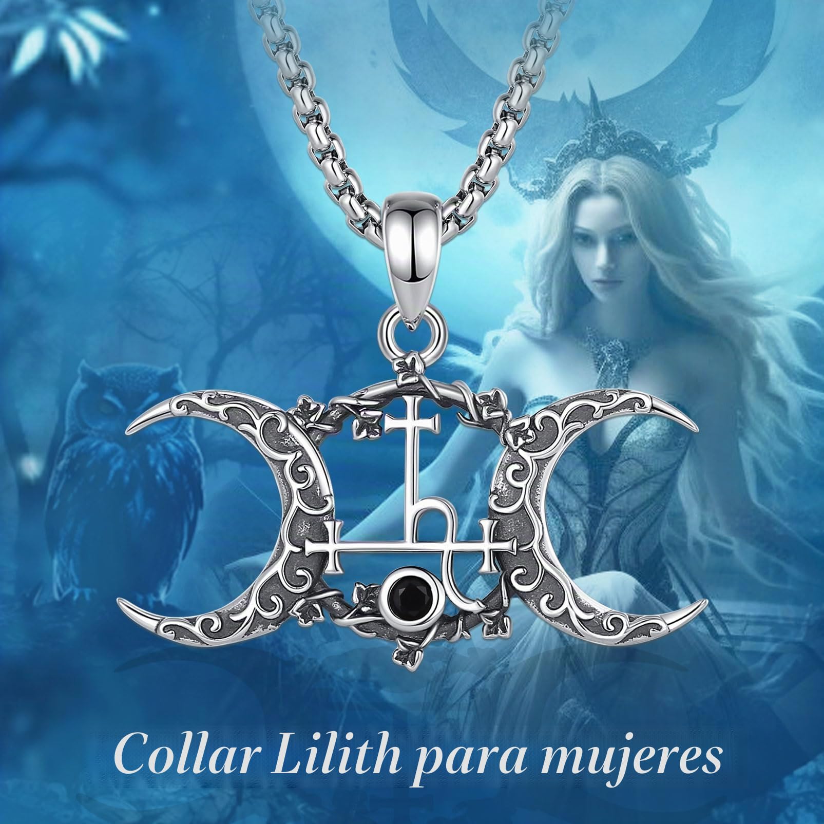 Collar Sello de Lilith Triple Luna Diosa para Mujer Plata de Ley 925, Vintage Lilith Witcher Collars Wicca Colgante Runas Joyería Amuleto de la Suerte Regalo para Mujer, 50CM