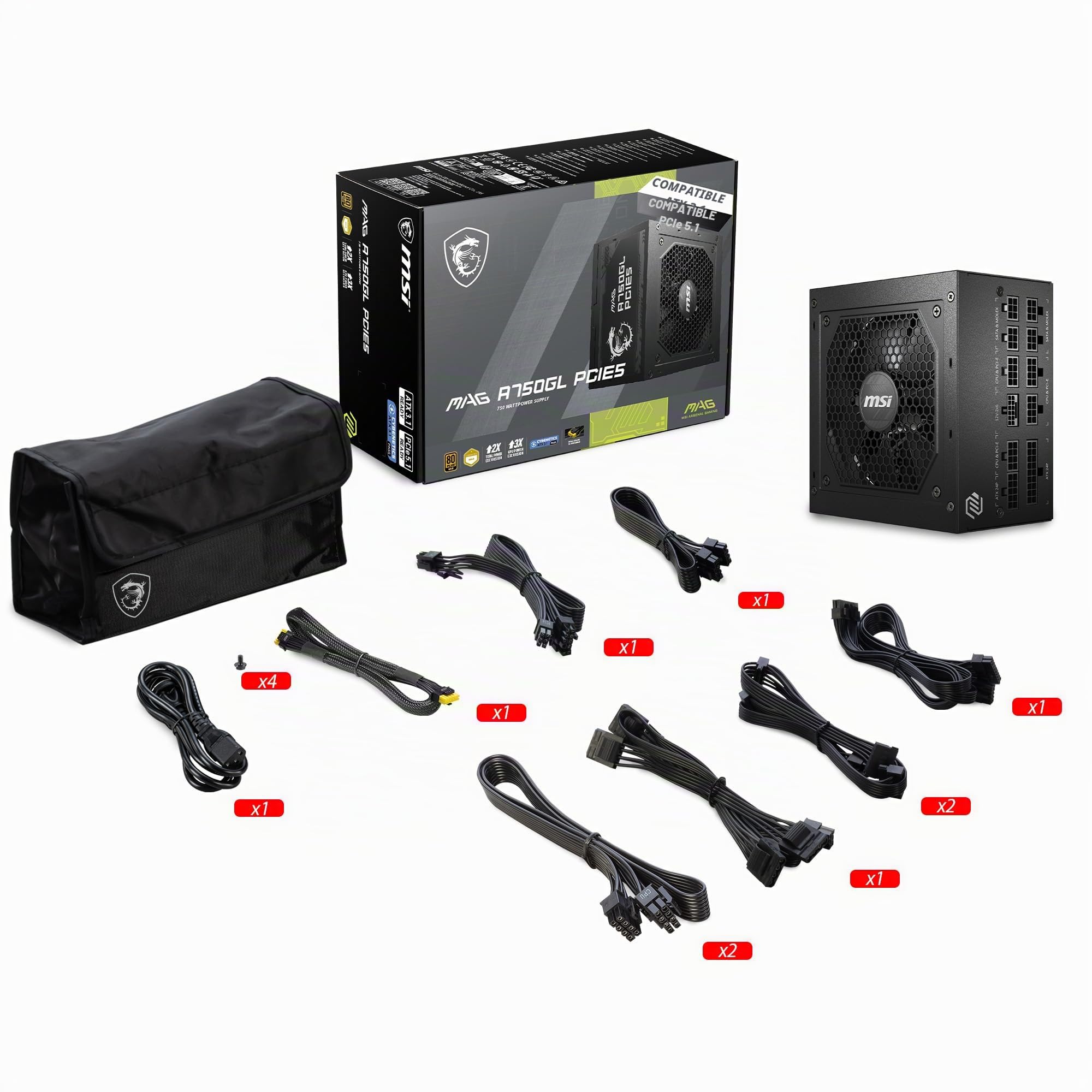 MSI MAG Bloc d'alimentation 750 W 80 Plus Gold – Connecteur natif à 16 Broches – Design modulaire Complet – Protection de Niveau Industriel avec OVP, OCP, OPP, OTP, SCP, UVP [MAG A750GL PCIE5]