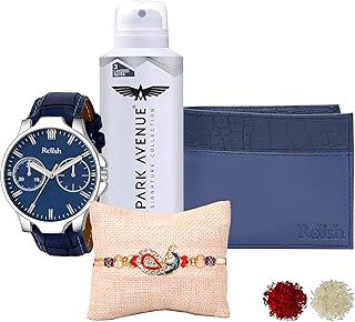 Inacrafts Hub Fancy Designer Rakhi, Relish Analog Watch, PU Leather Wallet, Mens Deodorant Combo Pack for Brother| Rakshab Price In India